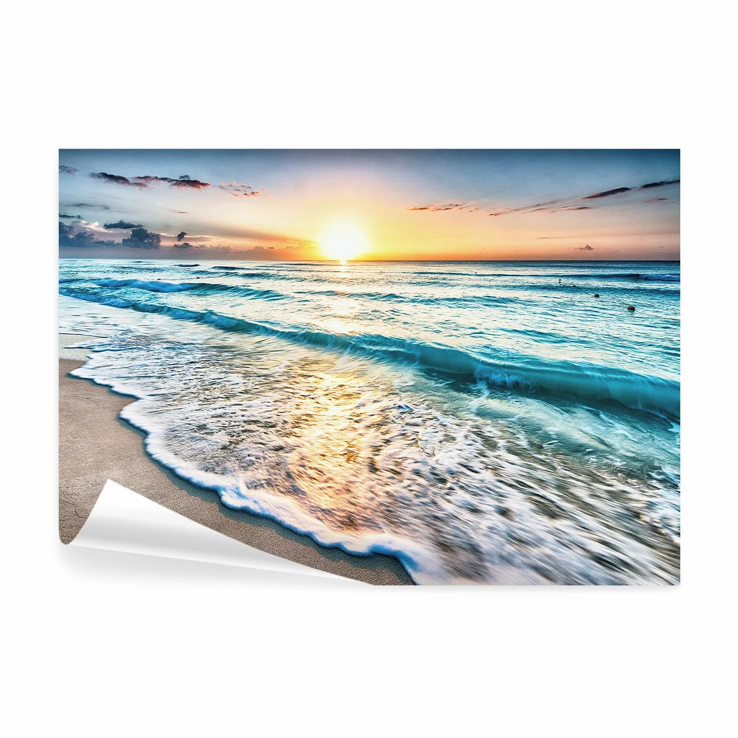 decomonkey - Papier Peint Panoramique Adhésif Plage Mer 343x256 cm - Stickers Muraux Salon Chambre Déco XXL Autocollant - Gris bleu marron - Vagues coloré paysage mer plage coucher de soleil