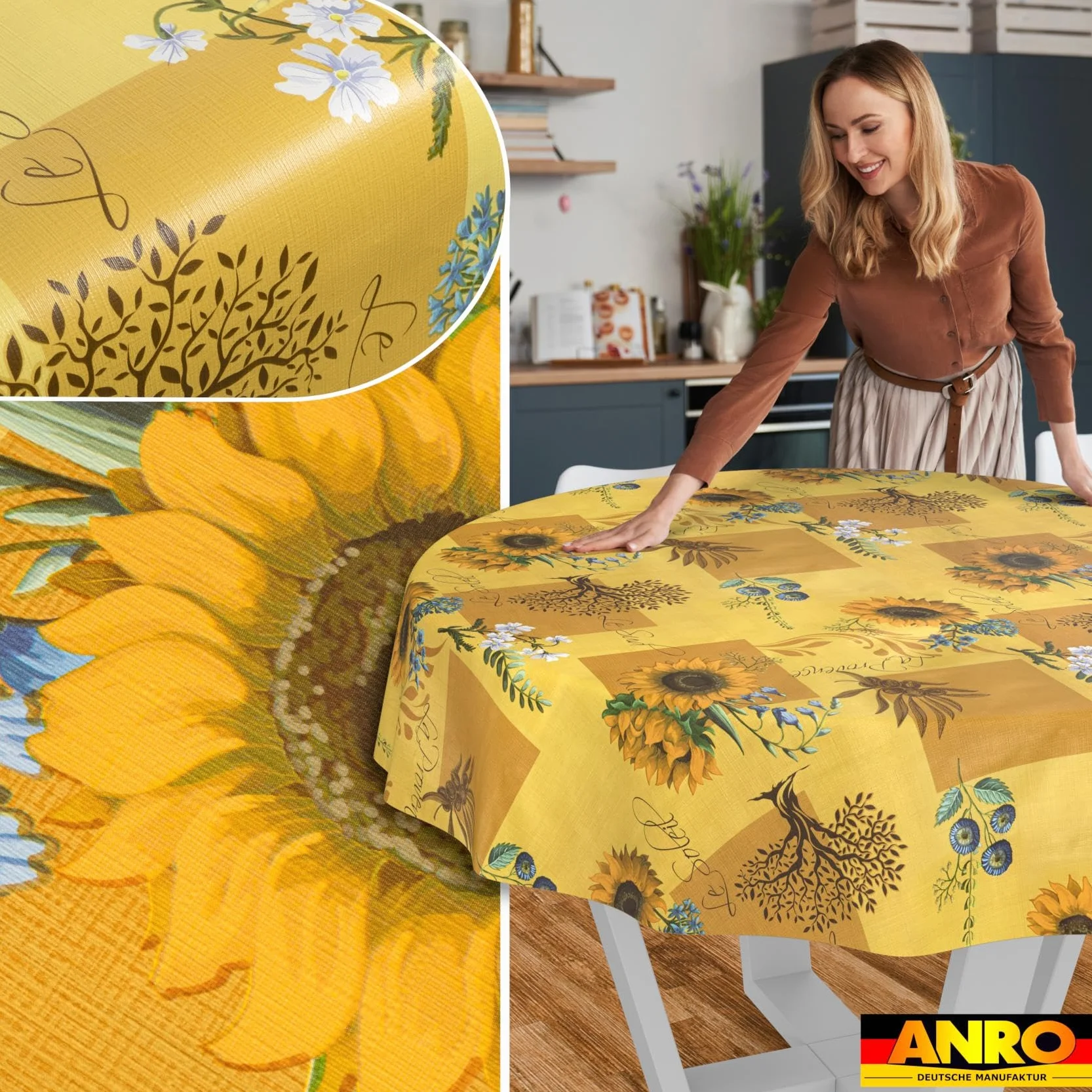 Nappe en Toile cirée Lavable imperméable Effet Lotus Motif Tournesol Ronde 140 cm