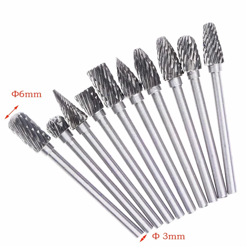 10pcs 3 * 6MM Fraise Burr Rotative en Carbure de Tungstène Set Double Coupe Tête otary Burr Gravure CNC Bits Pour Dremel Outils Rotatifs