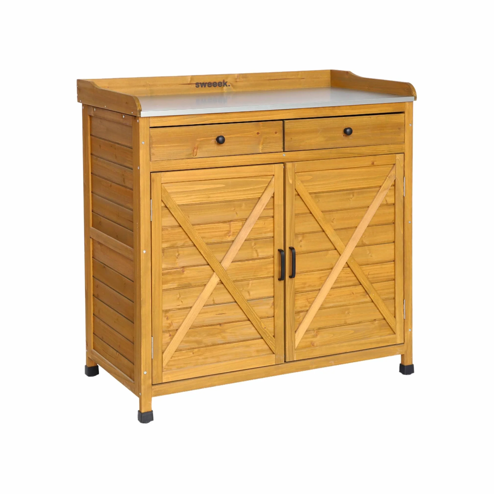Sweeek Meuble de Rangement Table de Repiquage Bois 2 Portes 2 Tiroirs 102 x 52.8 x 103.5 cm