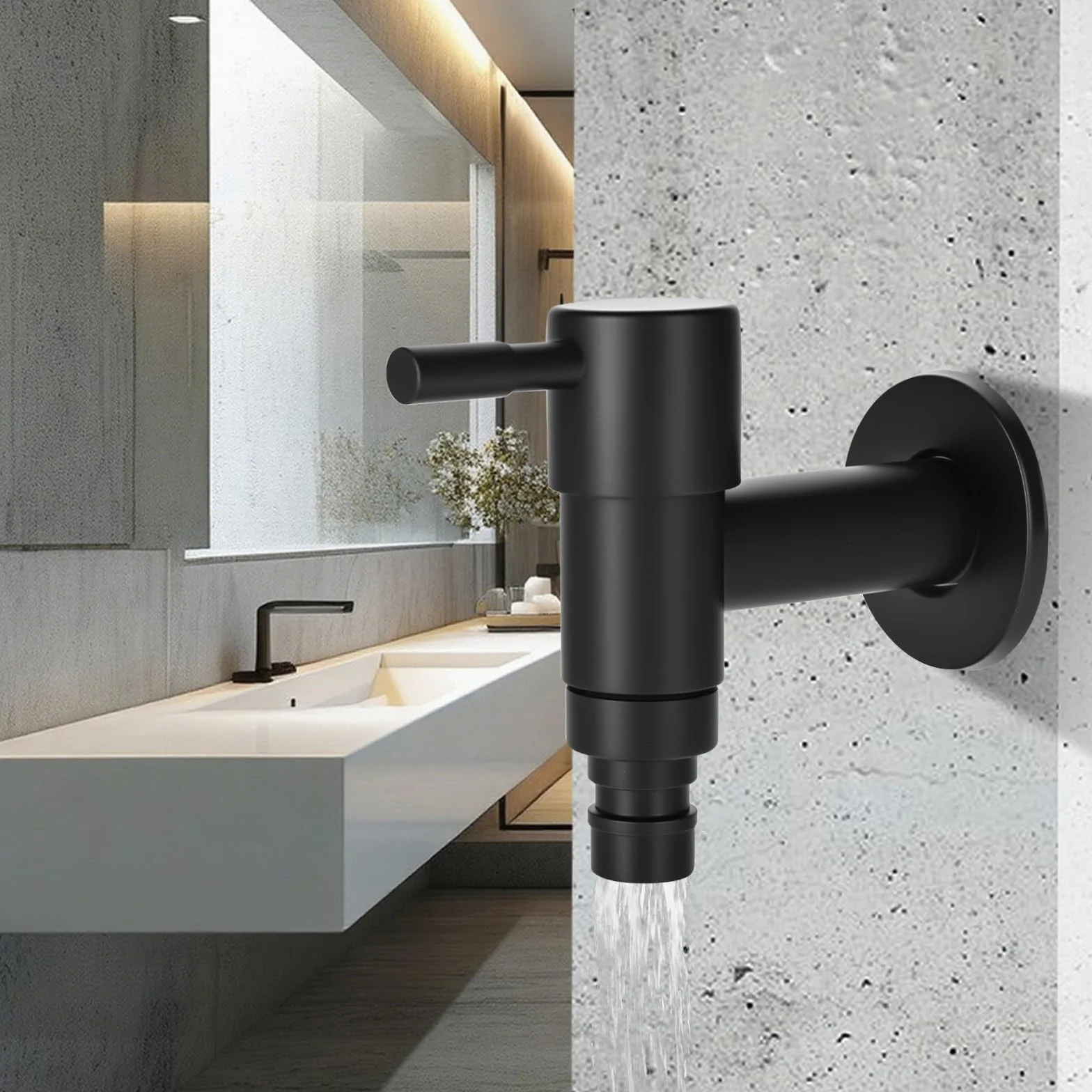 Robinet en acier inoxydable G1/2" - Montage mural - Eau froide - Machine à laver - Jardin - Salle de bain - Noir