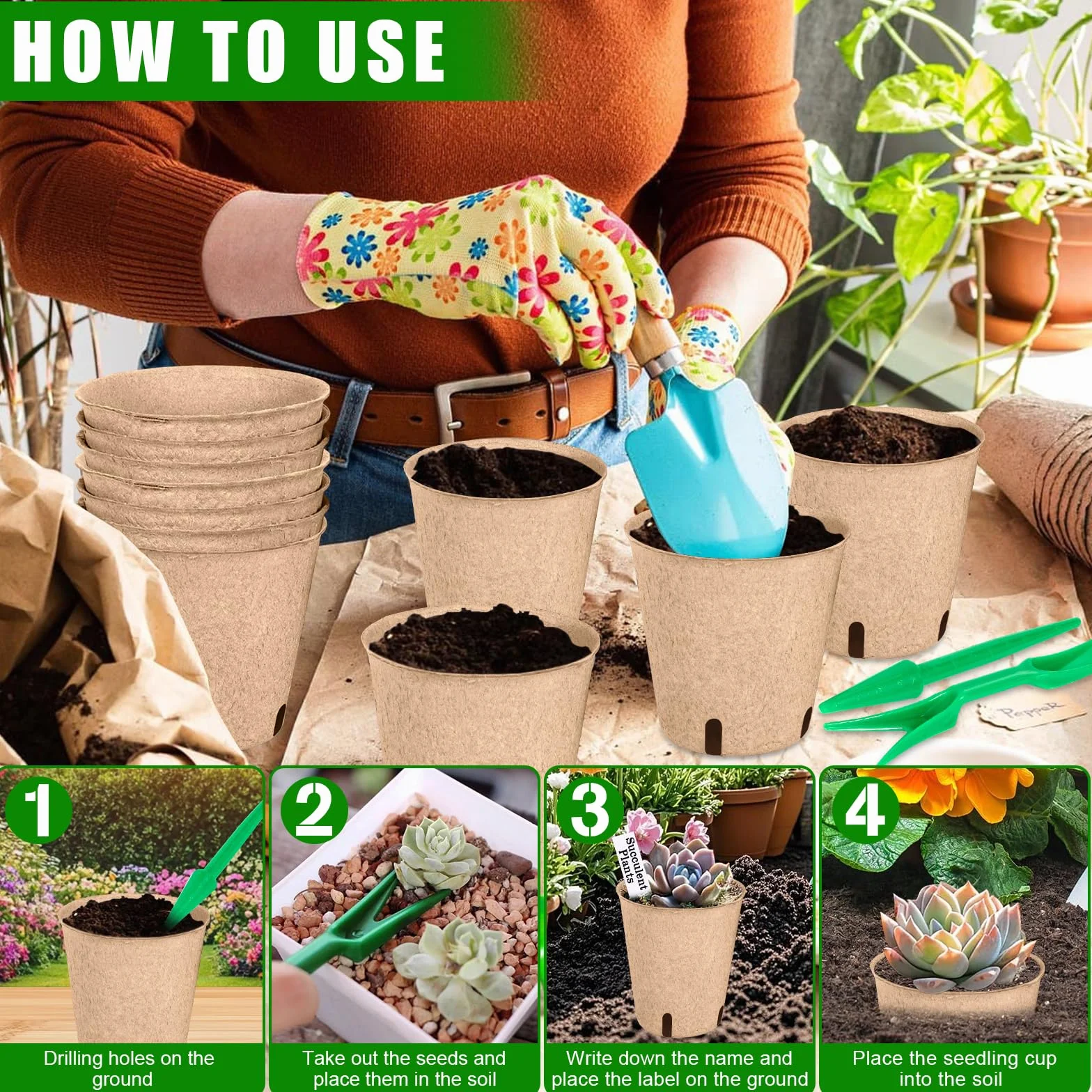 Godets pour Semis 8cm, 50 Pièces Kit de Pots de Semis en Fibre Biodégradable avec Étiquettes et Outils