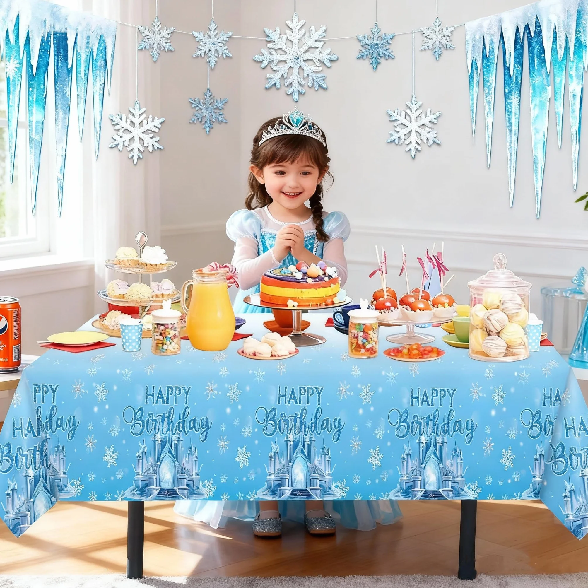 PHOGARY Nappe Reine des Neiges Anniversaire Jetable en Plastique 137 x 274 cm