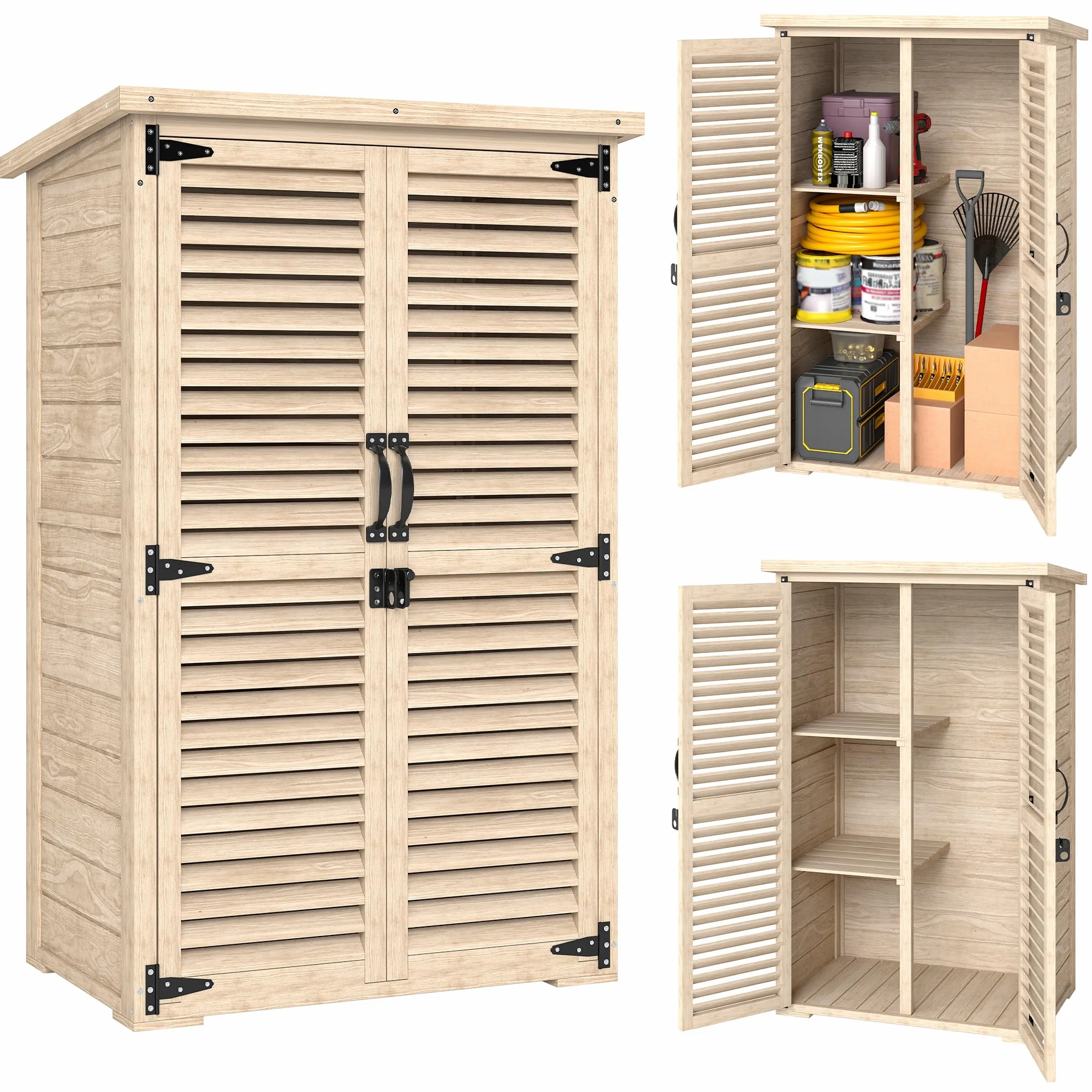 Outsunny Armoire de Jardin Bois Toit bitumé 2 étagères Portes persiennes verrouillable 75x50x118