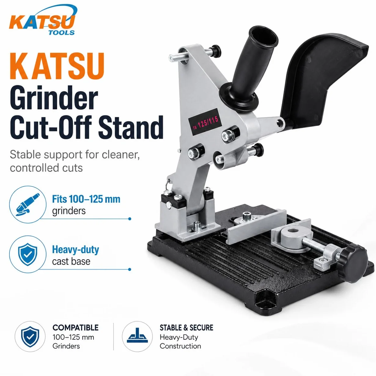 KATSU Support pour Meuleuse d'Angle - Ø 100mm à 125mm Base en Fonte Robuste de Support de Tronçonnage pour Meuleuse électrique avec 11 Disques de Coupe en Bois et en Acier 105422