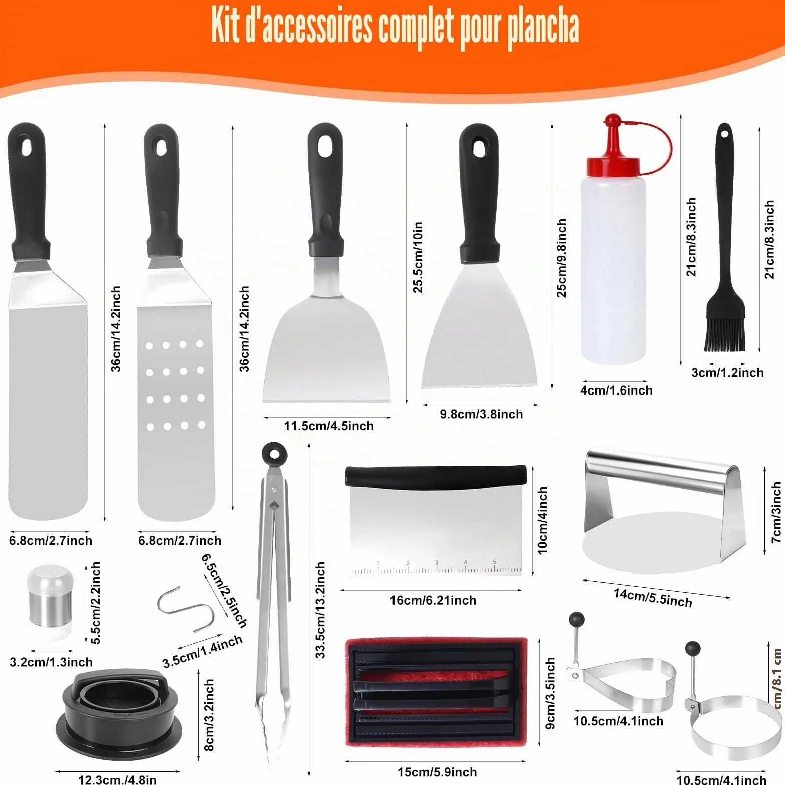JUAUO Kit 27 Accessoires Plancha Barbecue Acier Inoxydable Inclut Presse à Steak Spatules Sac