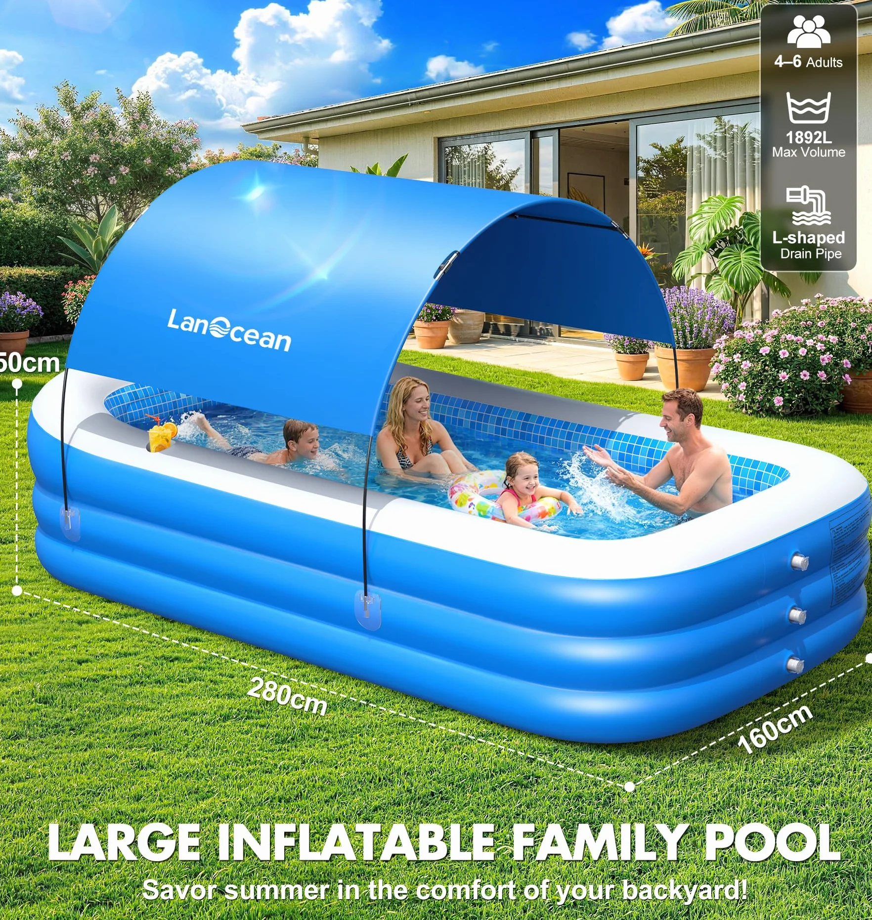 LanOcean Piscine Gonflable Adulte 280x160x50cm 0,53mm Épaisseur avec Parasol Siège Porte-gobelet