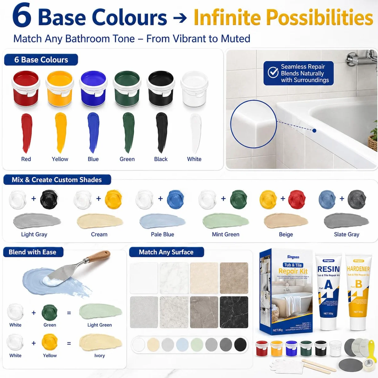 Kit Reparation Carrelage, Comble Fissures, Trous, Rayures Et Éclats Dans Les Salles De Bains Et Les Cuisines. Convient Au Marbre, À La Et Aux Surfaces Dures. Disponible En Plusieurs Couleurs.
