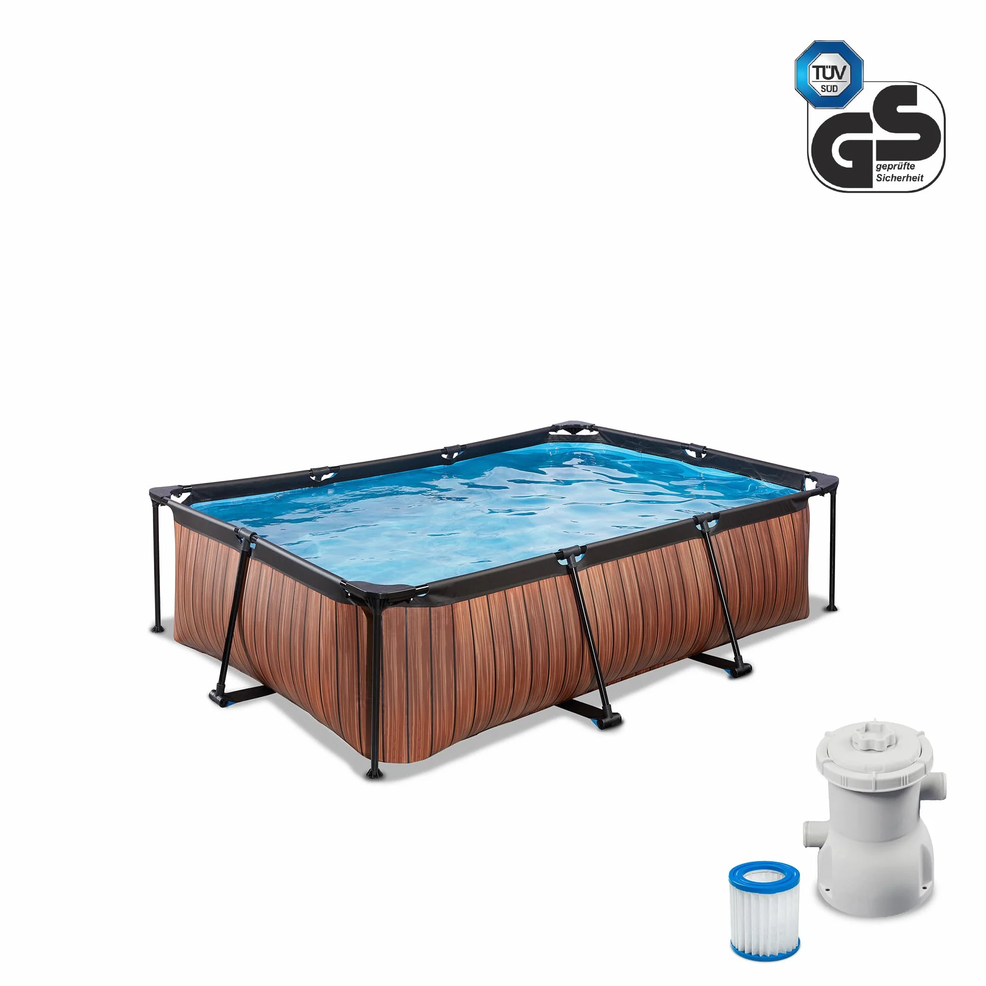 EXIT TOYS Piscine Hors Sol Rectangulaire 220 x 150 x 65 cm avec Pompe Filtrante – Tubulaire Acier – TÜV CE – Marron