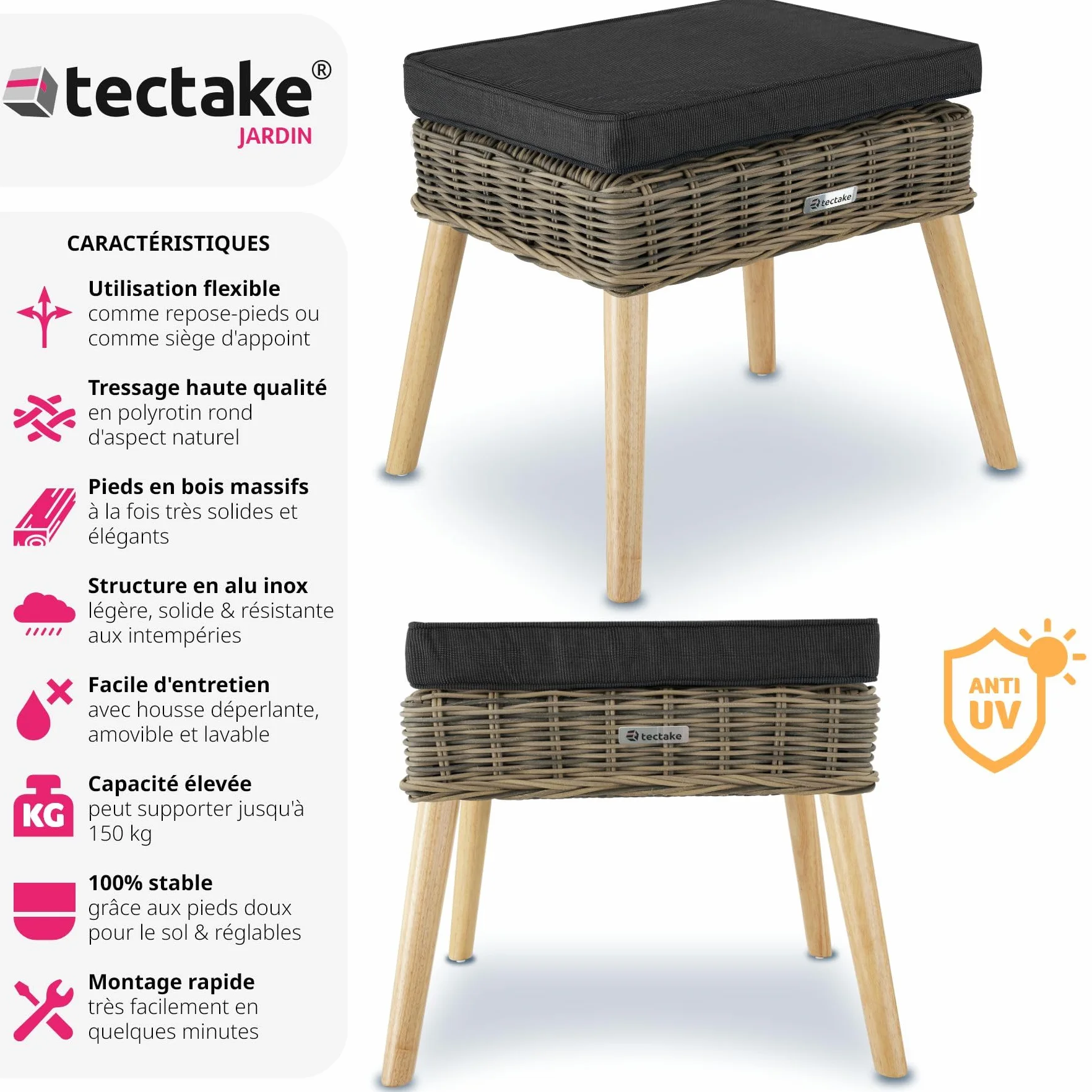 Tabouret Repose Pied Pouf Salon Extérieur Rotin Bois Coussin Imperméable Lavable Balcon Terrasse