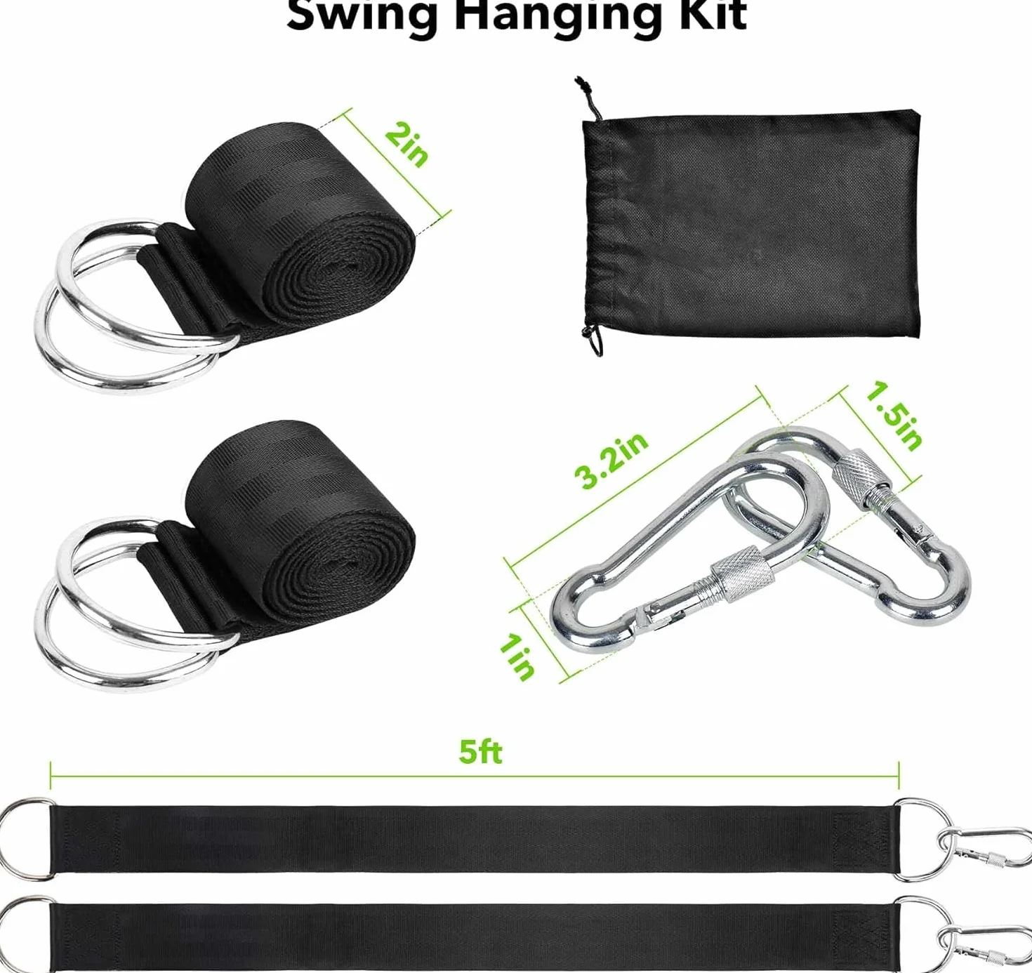 Sangle Balancoire Arbre Fixation Hamac Charge Max 800kg Attache Exterieur Corde avec 2 Sangle 150cm × 5cm, 2 Mousquetons, 1 Sac