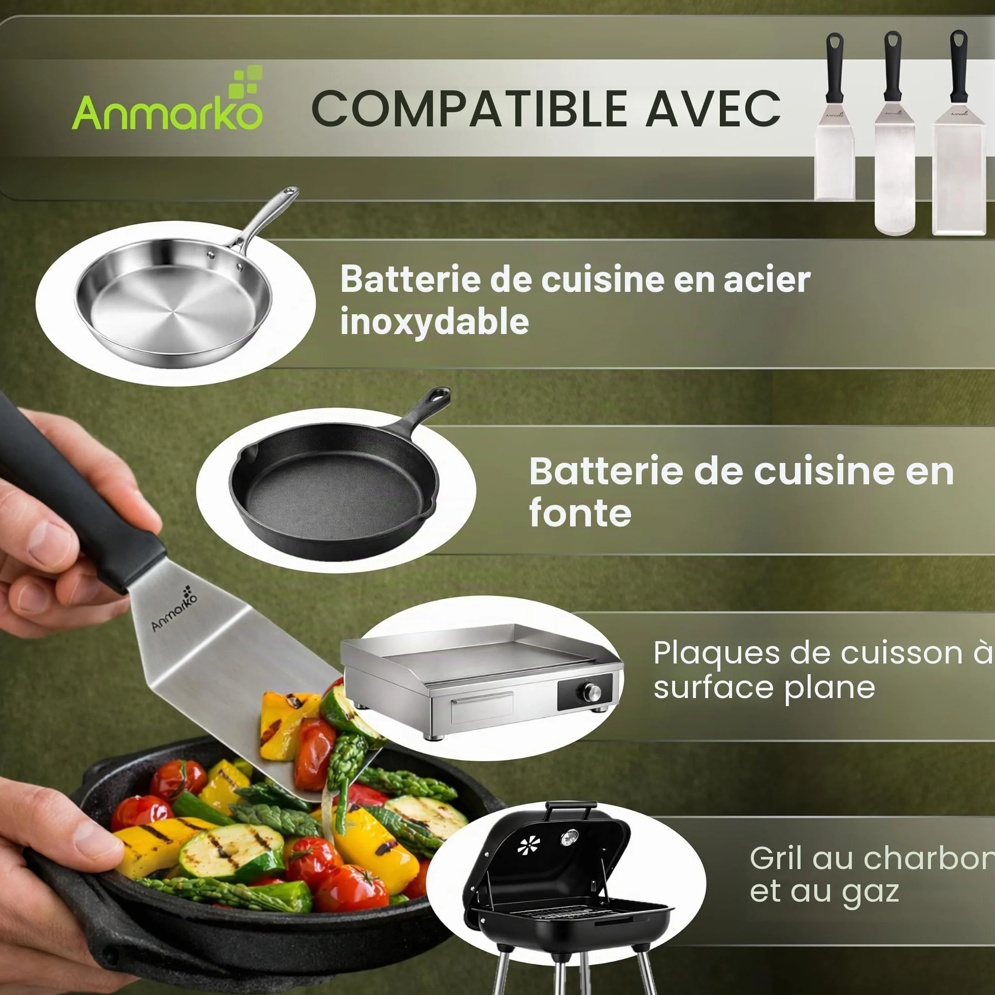 Anmarko Lot de Spatules en Acier Inoxydable pour Barbecue et Grill - Ustensiles en Métal pour Plaque en Fonte