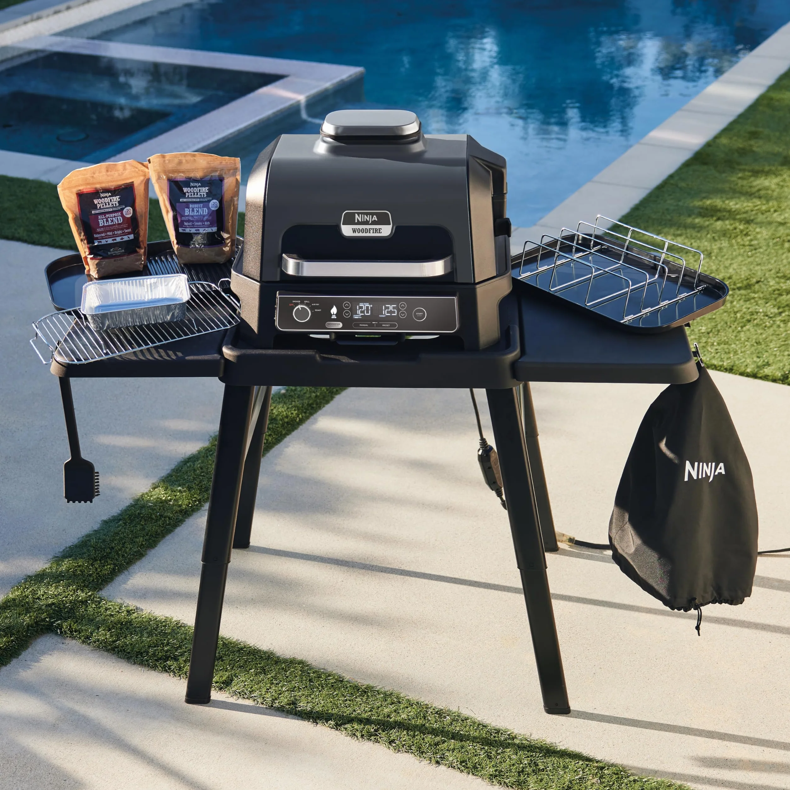 Ninja Woodfire Barbecue électrique et fumoir Pro XL 4-en-1 avec thermomètre, Air fryer d'extérieur, Smart Cook, granulés Woodfire, portatif, gris/noir OG850EU