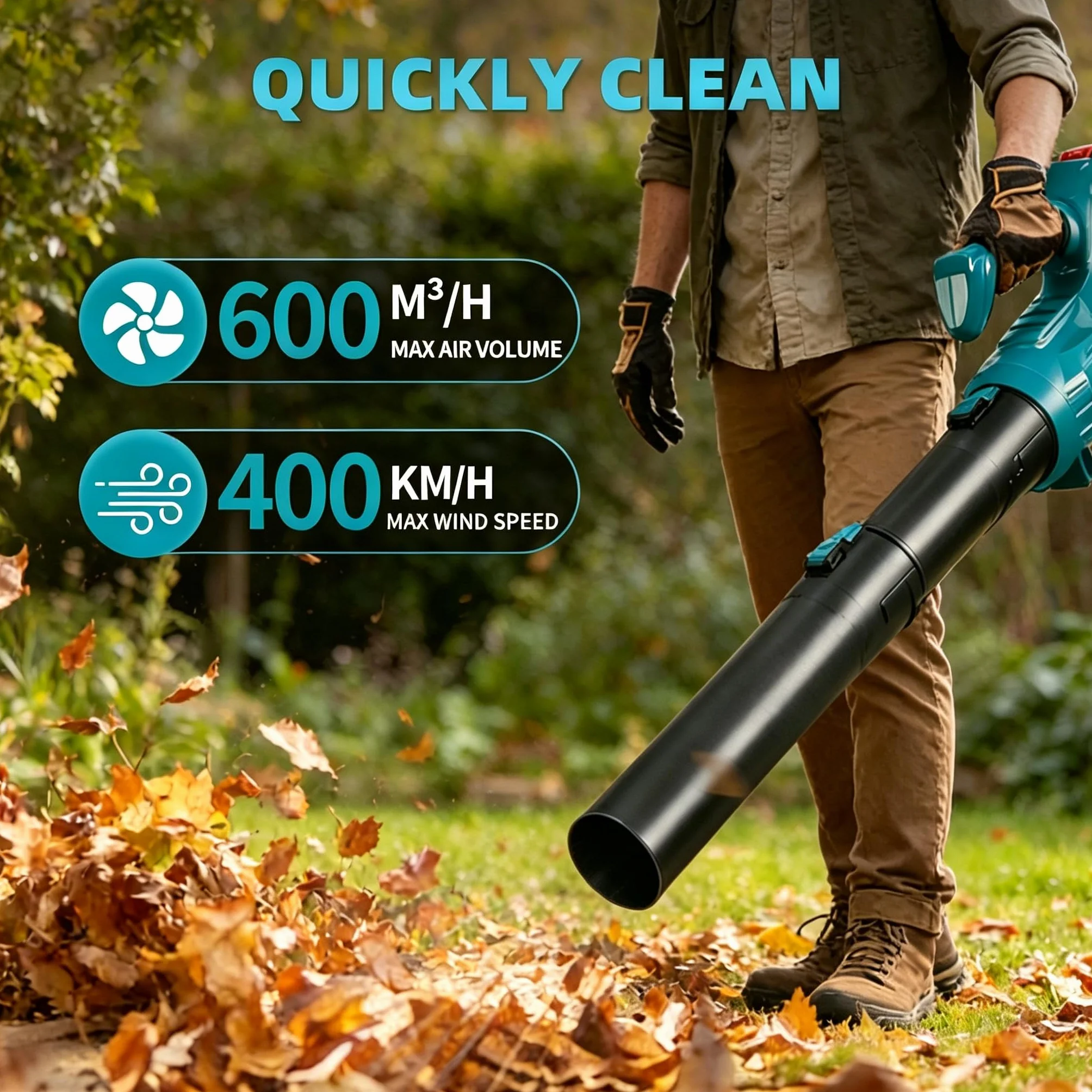 Souffleur de Feuilles sans Fil 400 km/h Moteur sans Balais 25000 TR/MIN 6 Vitesses 2 Batteries