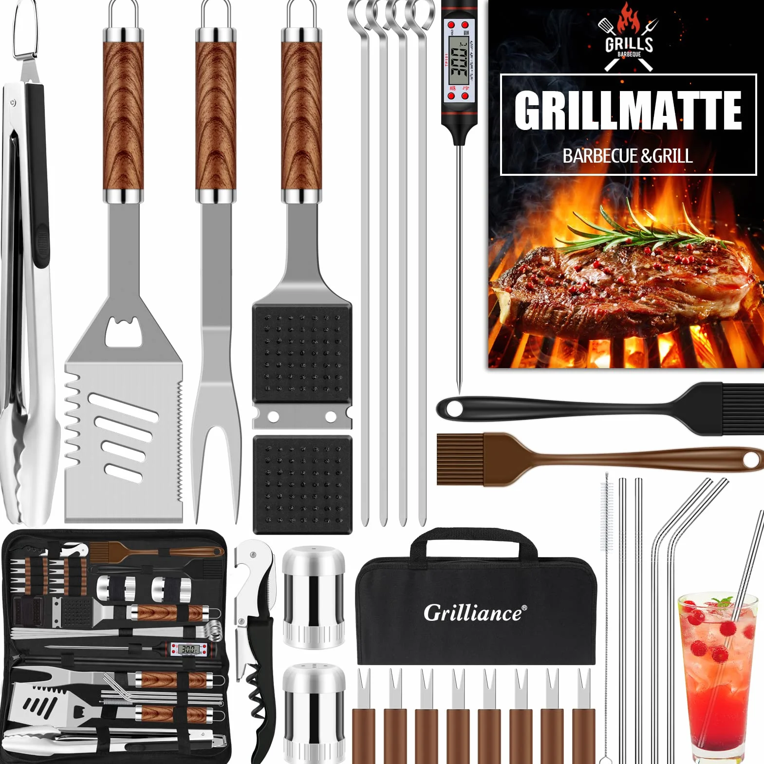 Grilliance Lot de 30 ustensiles de Barbecue en Acier Inoxydable - Pince à Barbecue avec Mallette et Tapis