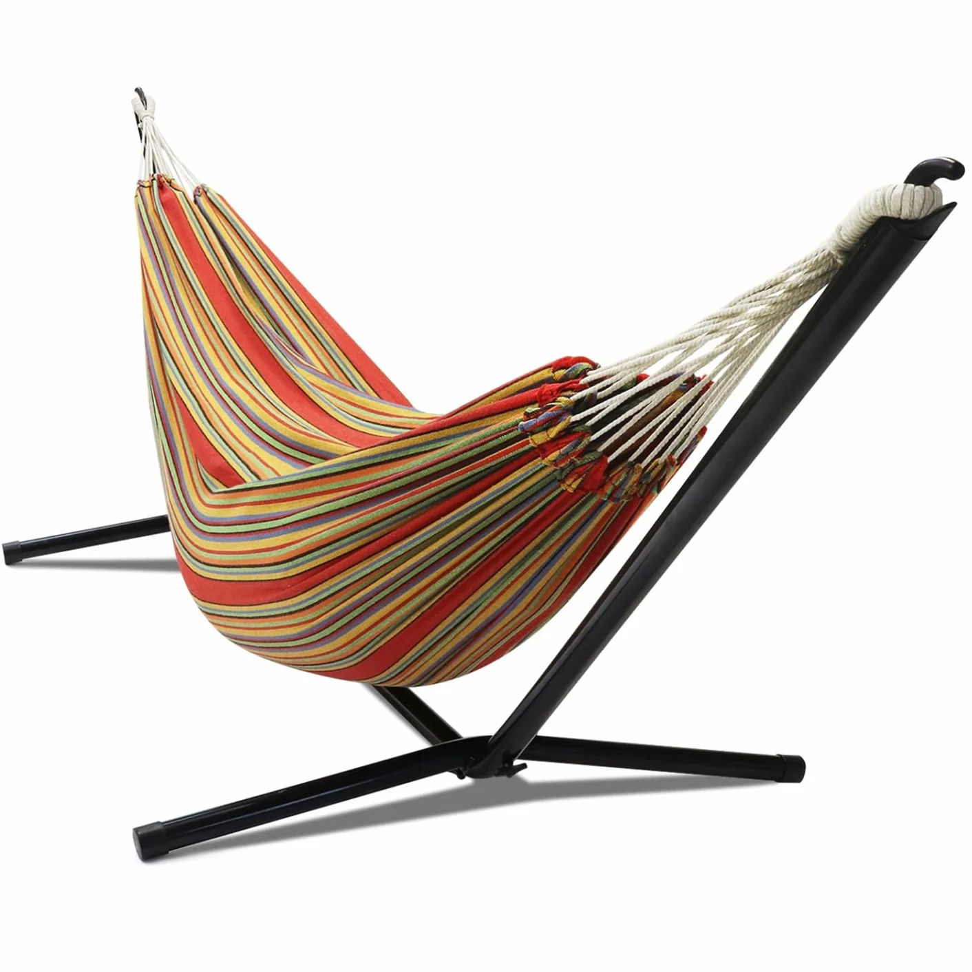 Hamac avec Support métal Noir et Toile rayée Rouge et Jaune