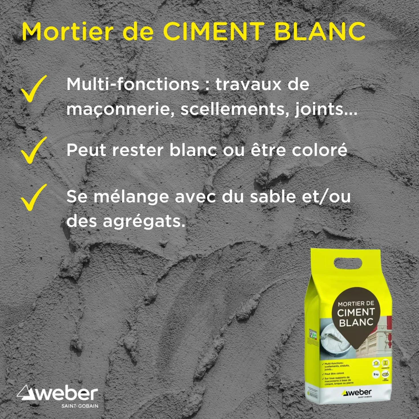 WEBER Ciment Blanc pour réparation et travaux rapides de maçonnerie, mortier, 5kg
