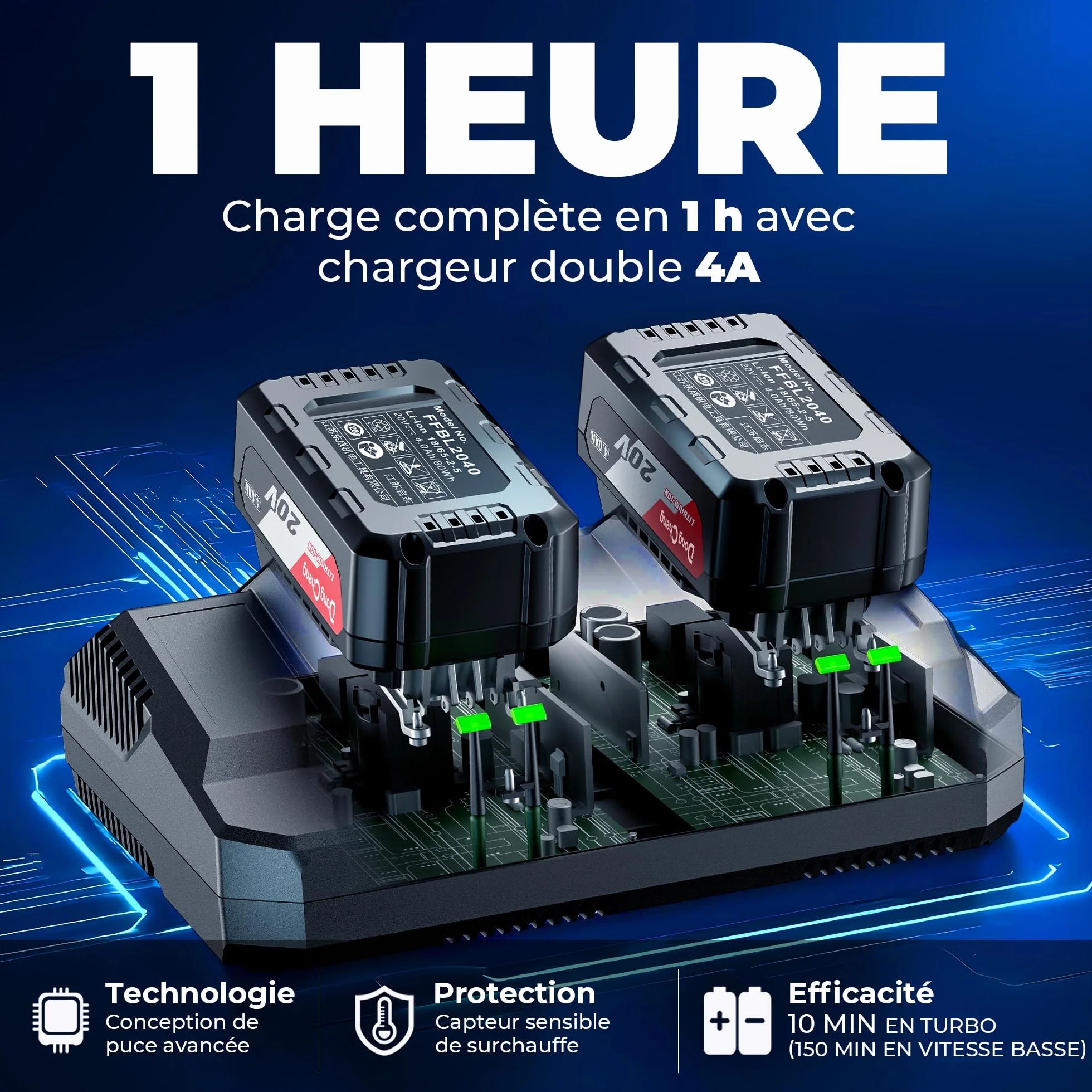 Dong Cheng Souffleur de Feuilles sans Fil 2x20V 1105 m³/h 225 km/h 6 Vitesses Mode Turbo 2x4,0Ah 3 Buses