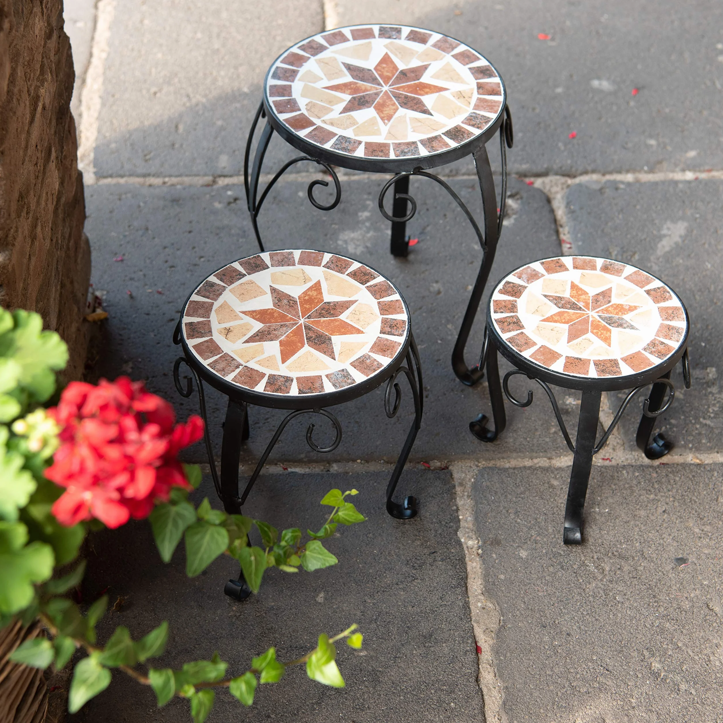 Ensemble de 3 tabourets porte-fleurs ronds à mosaïque en céramique pour jardin terrasse