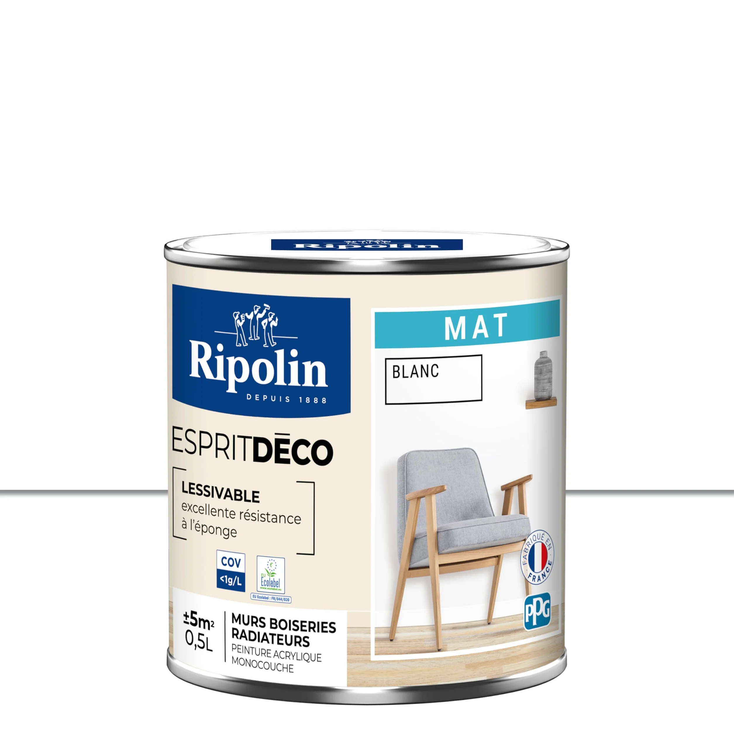 RIPOLIN - Peinture Intérieure Multi-Supports – Murs, Boiseries & Radiateurs – Ultra Couvrante – Lessivable – Application Facile – Ecolabel - Aspect Mat - 0,5L - Blanc