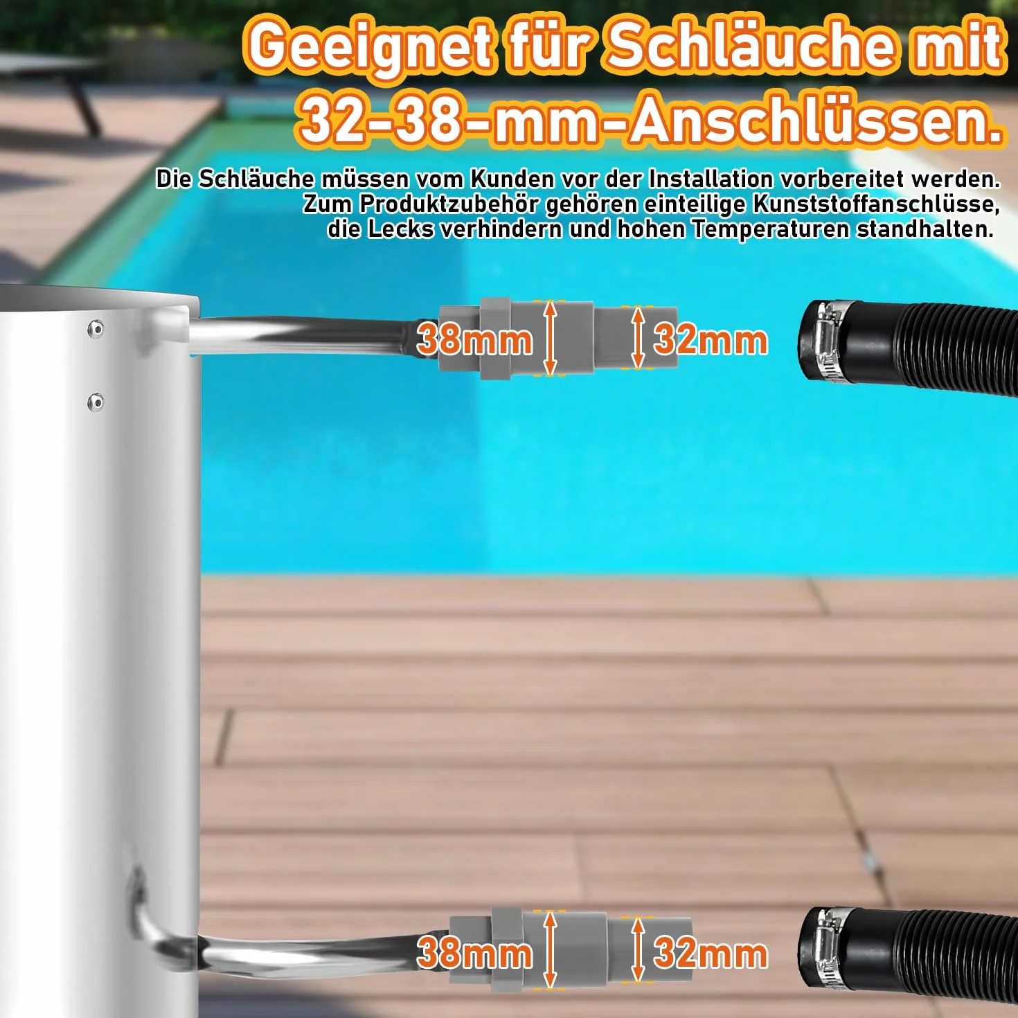 Chauffage de piscine à bois en acier inoxydable, seau à feu, 32/38 mm, raccords acier inoxydable avec tapis ignifuge et plateau