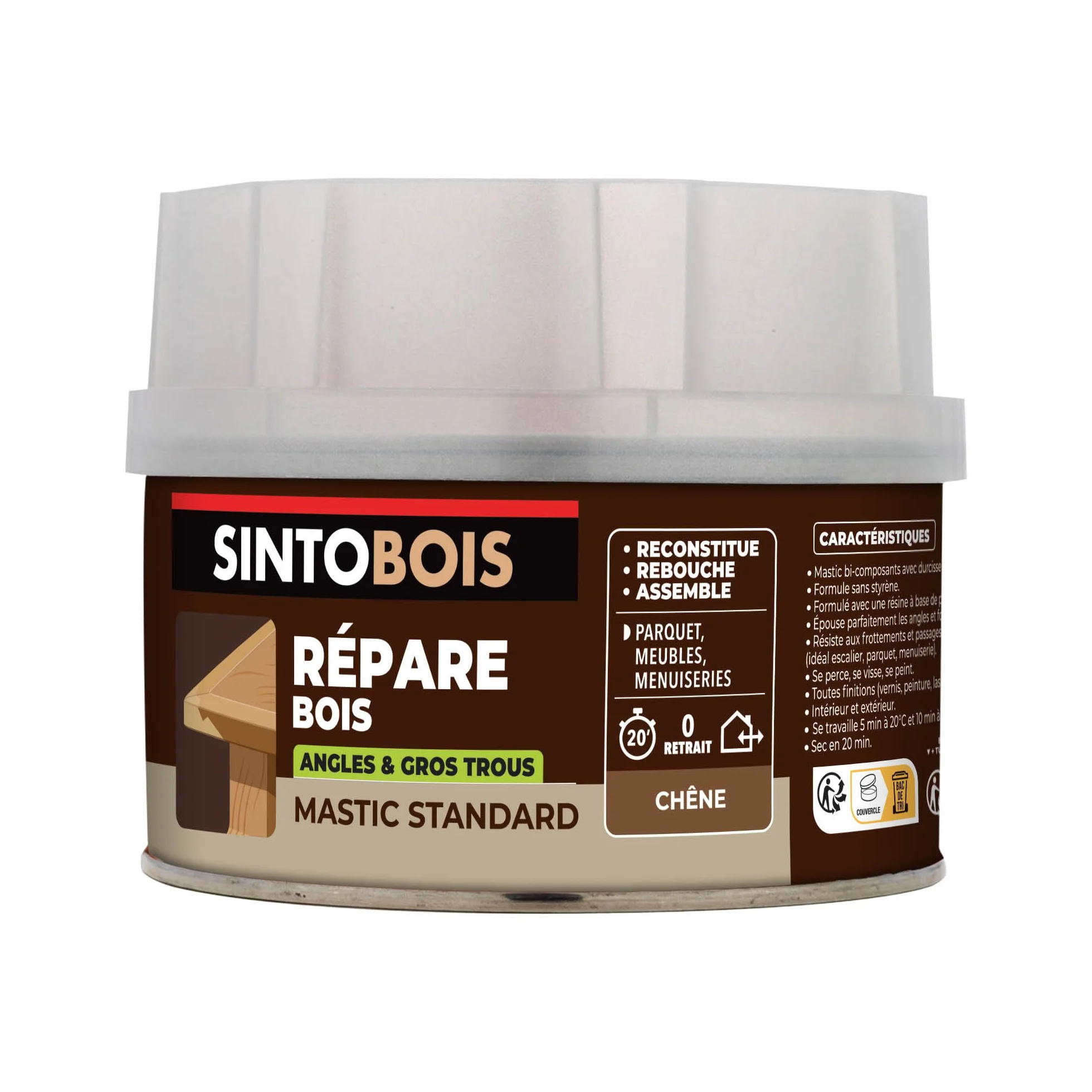 SINTO Mastic reconstitue angles et gros trous chêne 170ml, mastic bi-composant séchage en 20 min, parquets meubles menuiseries, bonne adhérence et résistance sur bois, intérieur et extérieur