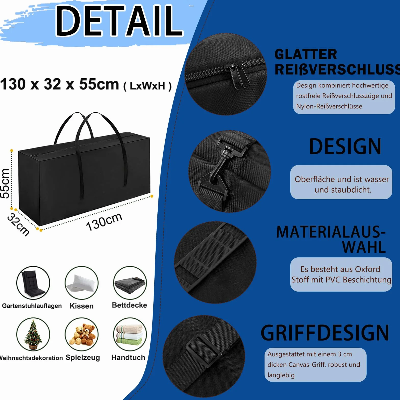 Sac de Rangement Housse de Coussin Imperméable 173 x 76 x 51 cm pour Meubles de Jardin