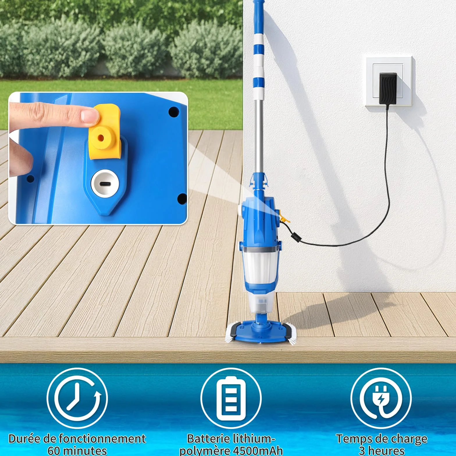 LEADZM Aspirateur Piscine Batterie sans Fil 4500mAh 100L/Min Puissance d'Aspiration Autonomie 60 Min 190×23,7×17cm Bleu