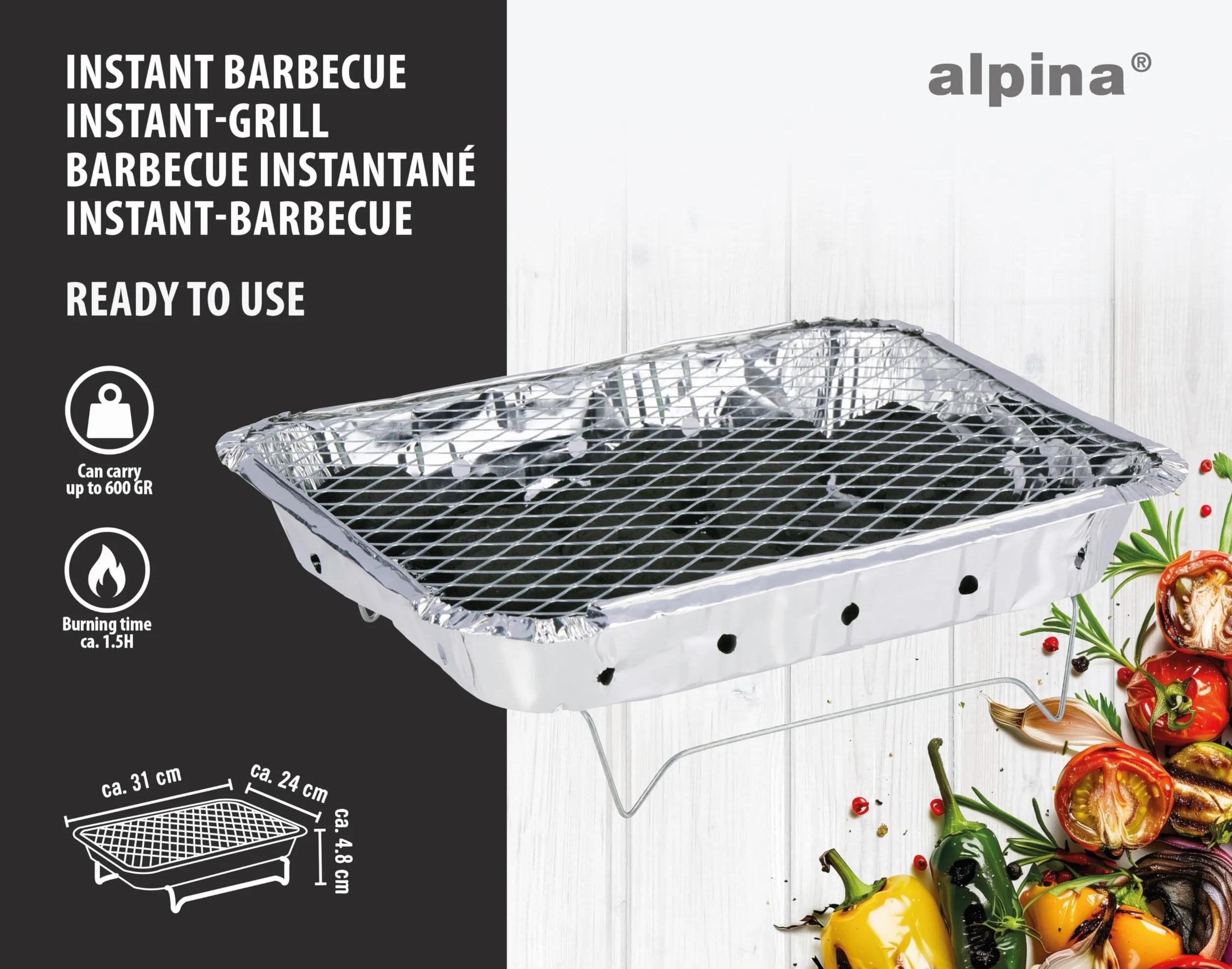 Barbecue Jetable Alpina avec Charbon – Prêt à l’Emploi – Format Compact – Durée 1,5 H – Idéal Extérieur