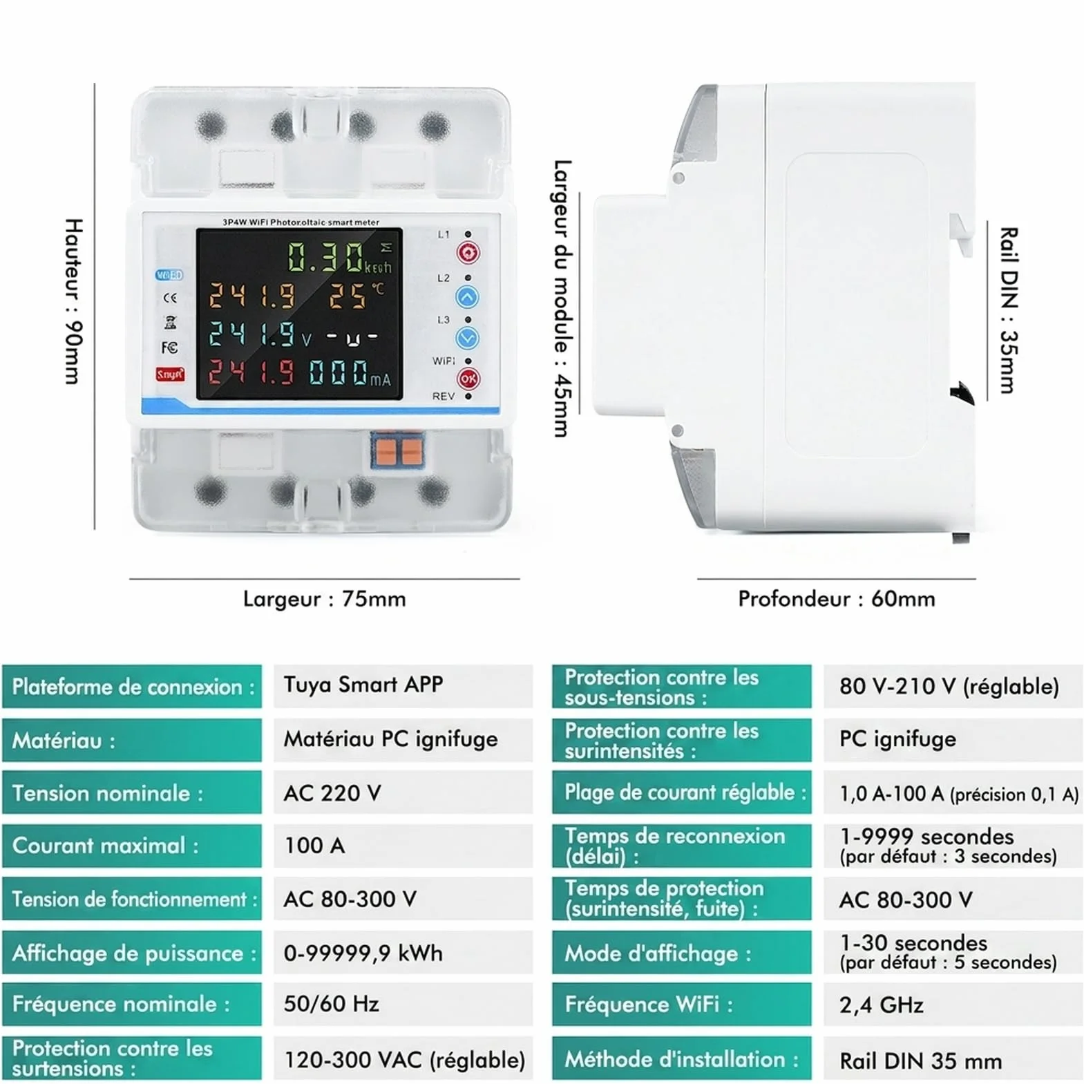 Wifi compteur electrique consommation triphasé 100A 380V AC Smart meter compteur électrique wifi bidirectionnel avec contrôle du temps/protection contre les surtensions/surintensités.