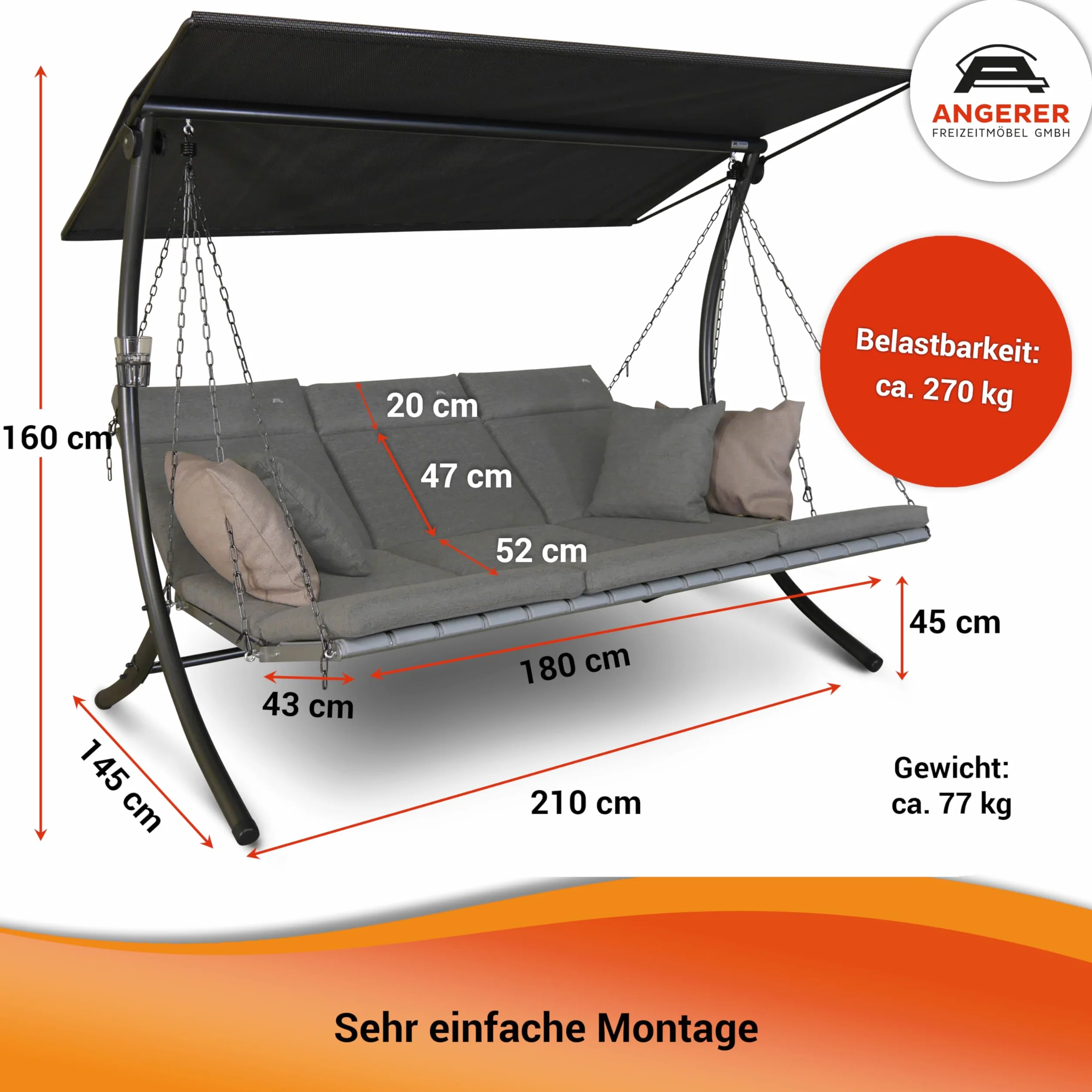 Angerer Balancelle Deluxe 3 Places Jardin Acier Galvanisé Toit Textilène Coussins Lavables Position Réglable Vert Clair
