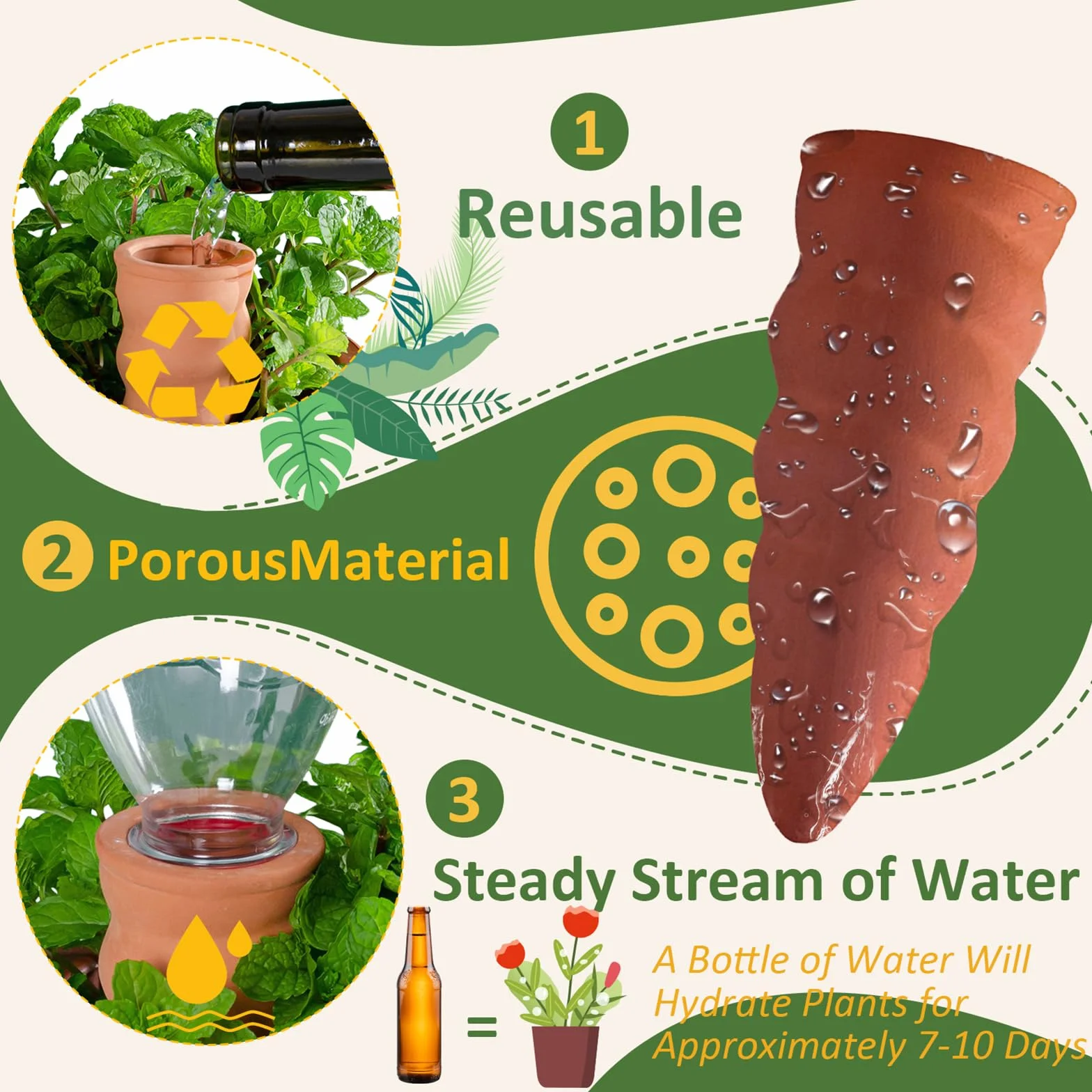 Ollas Arrosage Automatique Lot de 6 Cône en Argile Terre Cuite pour Plantes Intérieur Extérieur