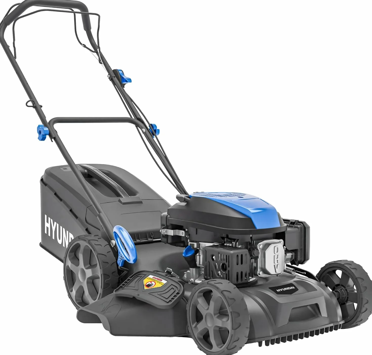 Hyundai Tondeuse à Gazon Thermique Autotractée 46 cm 139 cm3 3,7 CV 4 Temps Bac 60 L Coupe 4-en-1 Mulching Carter Acier HYM18150SPX