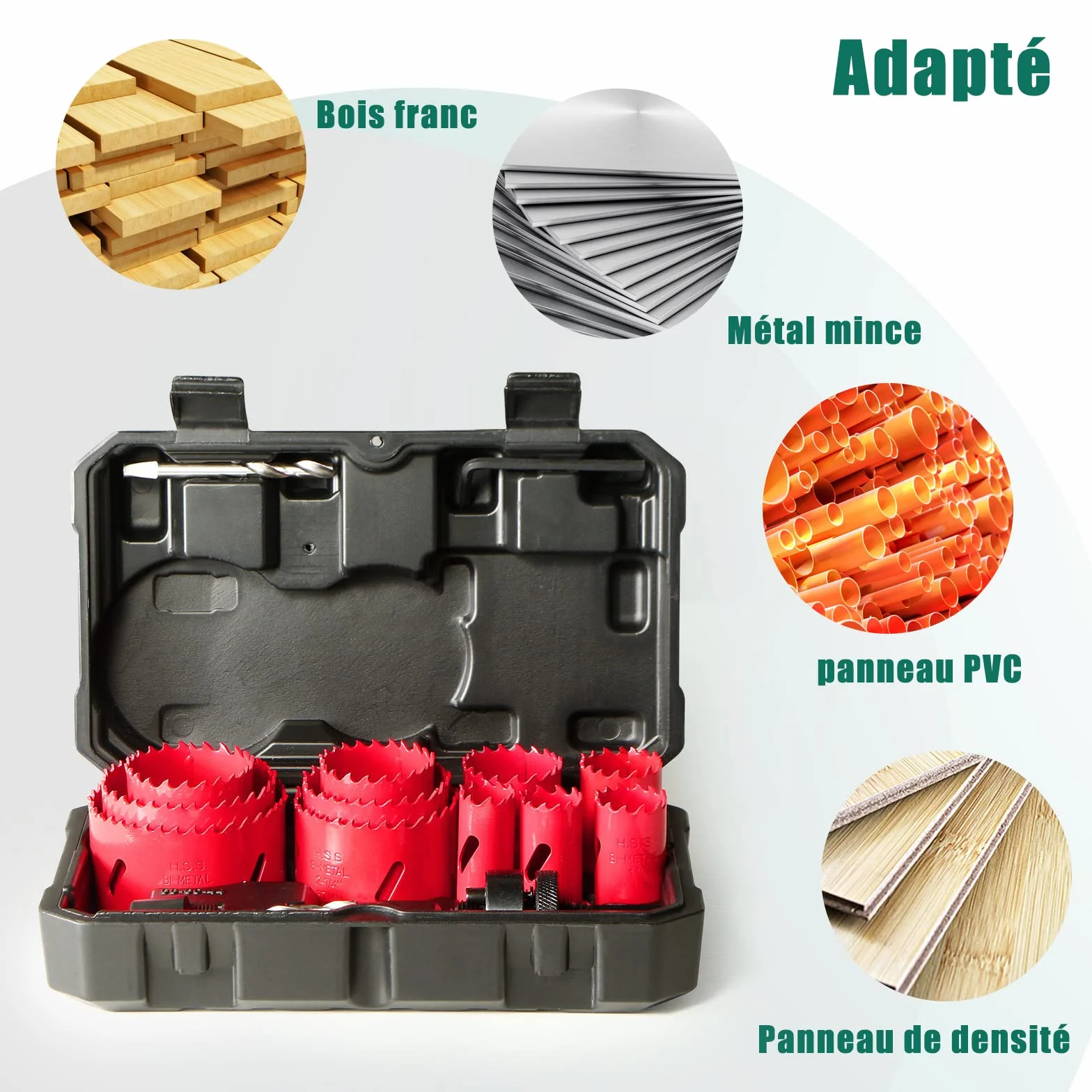 HYCHIKA Scie Cloche Bi-métal, 17 PCS Coffret de Scie Trépan avec 11PCS Lames de Scie 19-68 mm, Profondeur de Coupe: 40 mm, Parfaite pour Percer Le Bois, Les Panneaux PVC et Le Métal