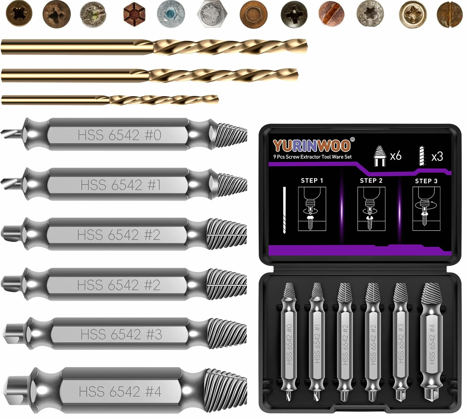 Kit Extracteur de Vis Cassée 9 Pièces HSS 6542 63-65HRC avec 3 Forets
