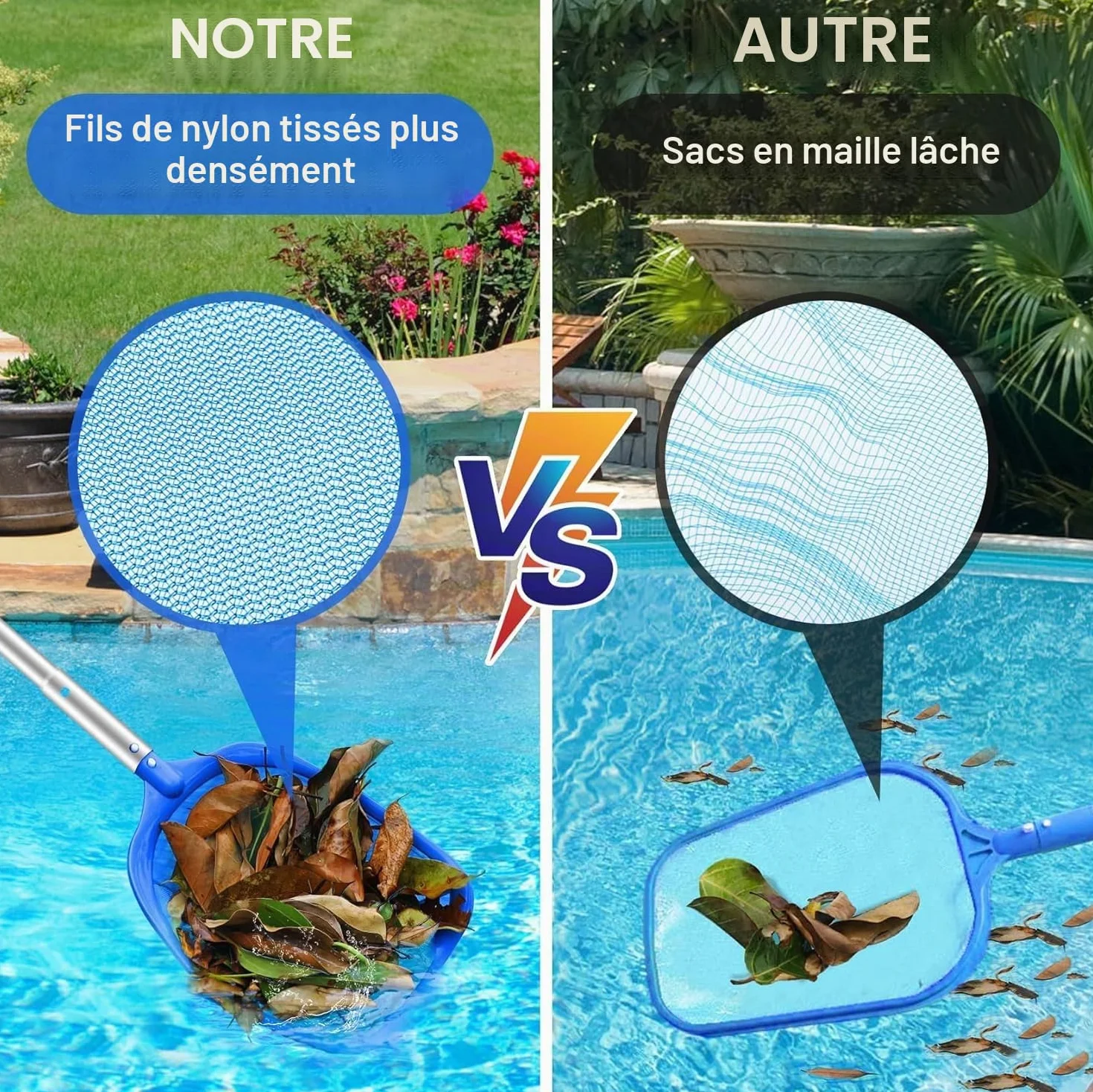 Épuisette de Piscine avec Perche Télescopique 98cm Aluminium, Kit Nettoyage Professionnel