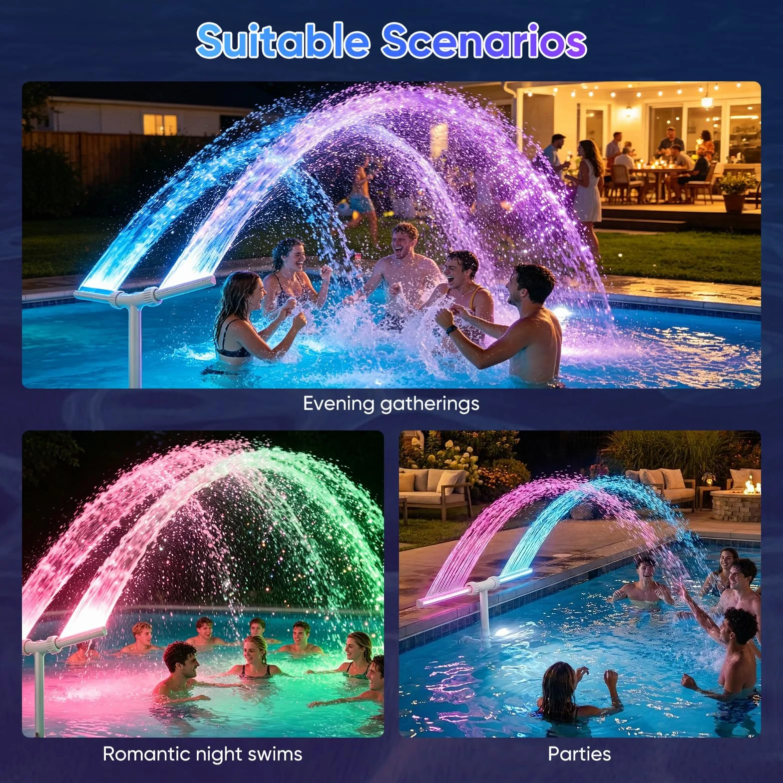 Fontaine Solaire à Double Tête avec Éclairage RGB, 11 Couleurs, Contrôle par APP, Jet Réglable 0,5–3 m pour Piscine