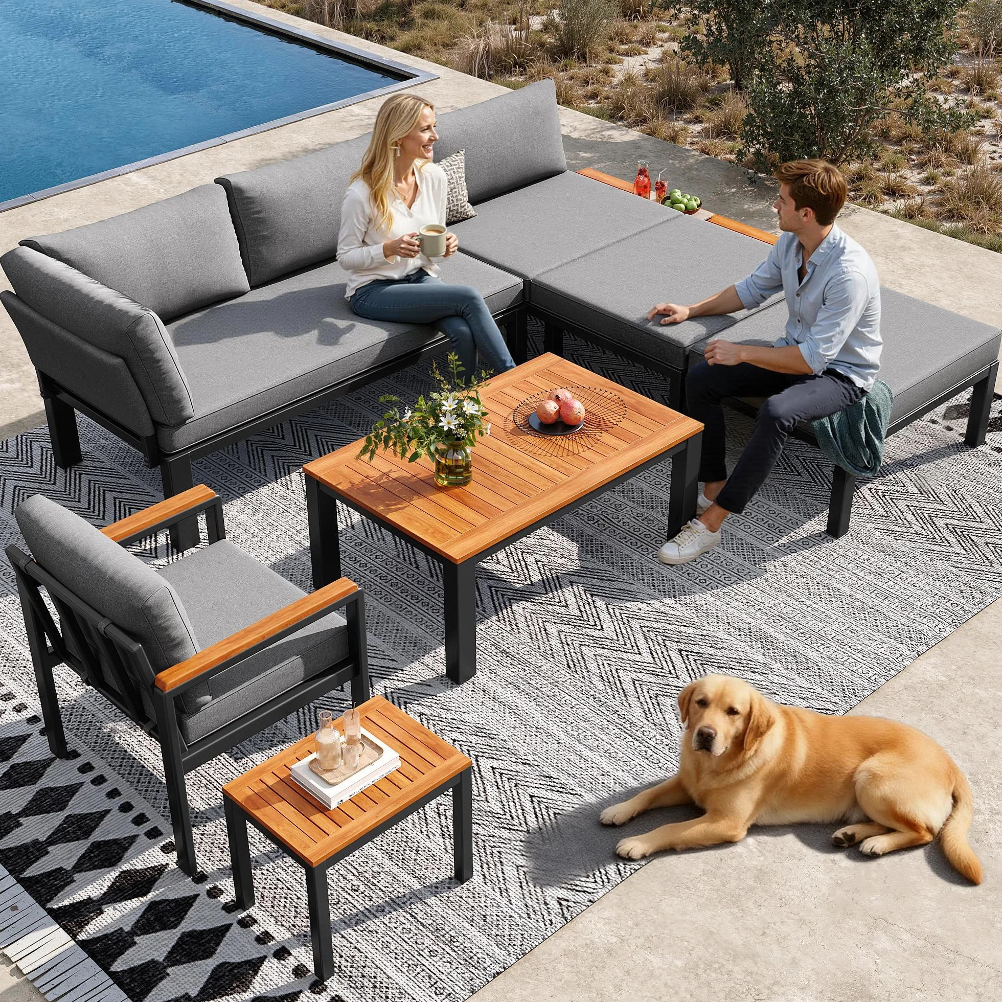 Ensemble de Meubles de Jardin pour 8 Personnes, Table en Bois, Canapé d'Extérieur Gris