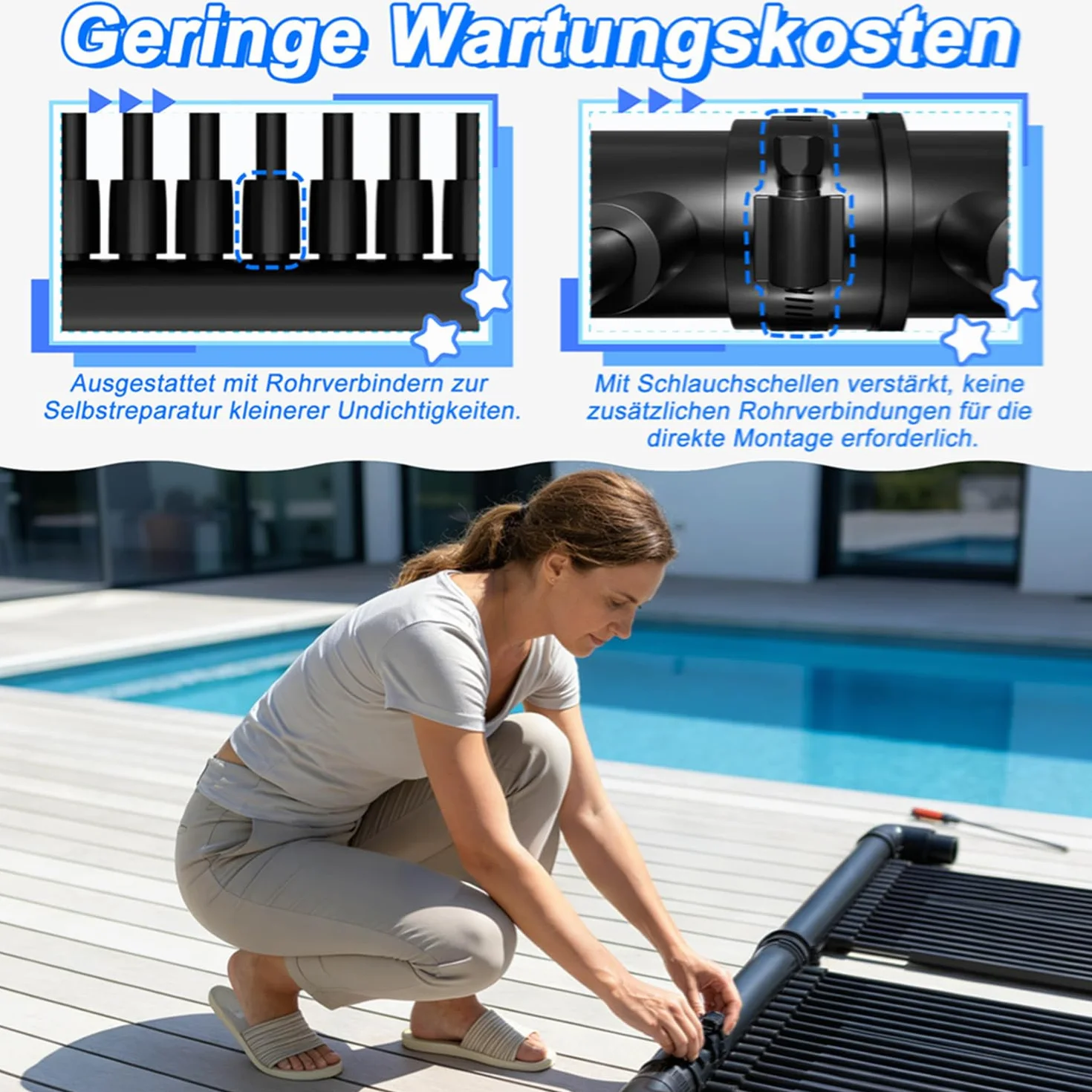 Ensemble de chauffage solaire pour piscine 500x140 cm, absorbeur solaire modulaire avec colliers et raccords