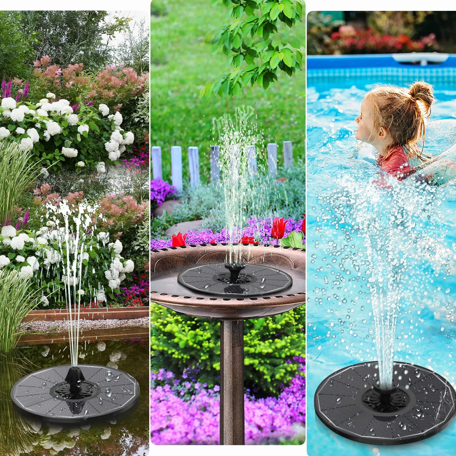Fontaine Solaire 3.5W avec Batterie 2000mAh, Pompe Bassin Solaire Flottant Extérieur avec 8 Buses & 4 Tiges Fixes pour Jardin