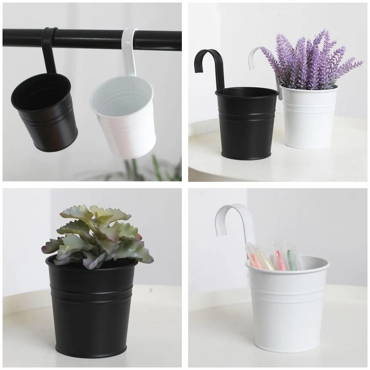 Lot de 5 Pots de Fleurs à Suspendre en Métal avec Crochet pour Balustrade, Balcon, Jardin (Noir)