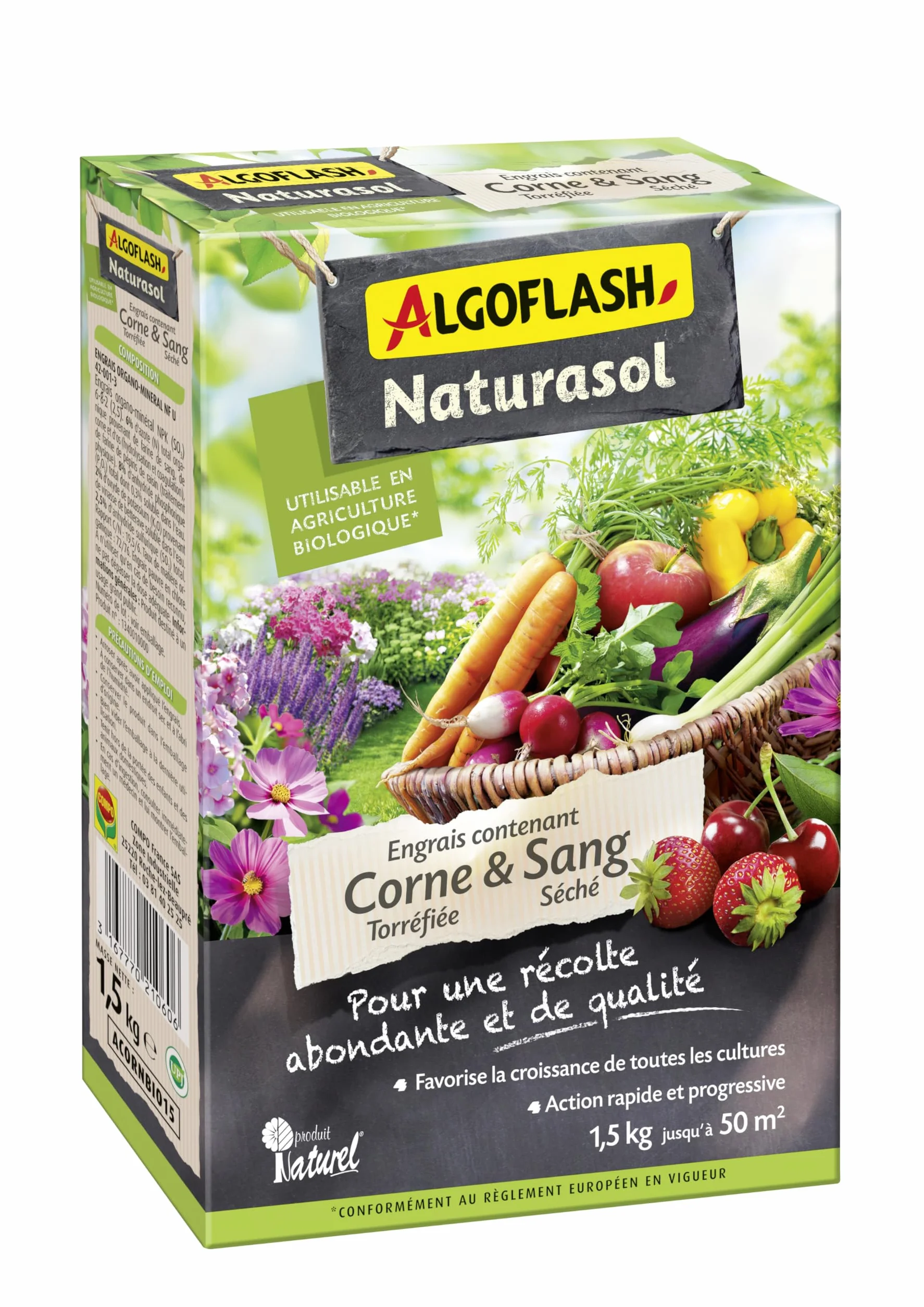 ALGOFLASH NATURASOL Engrais Corne torréfiée Sang Séché 1.5 kg 50m²