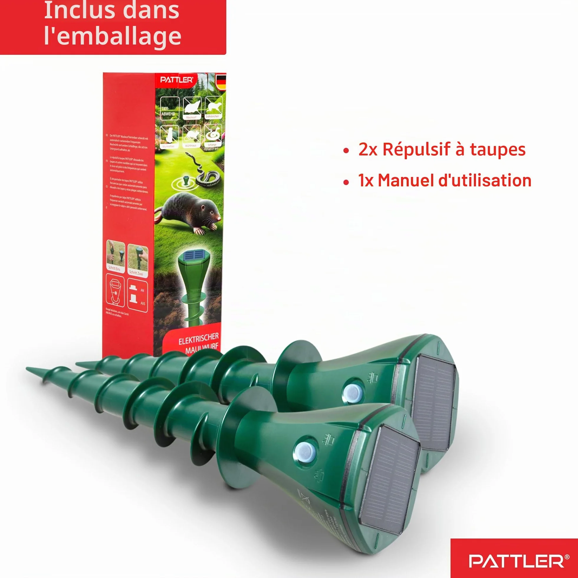 PATTLER Lot de 2 répulsifs anti-taupes solaires 800 m²