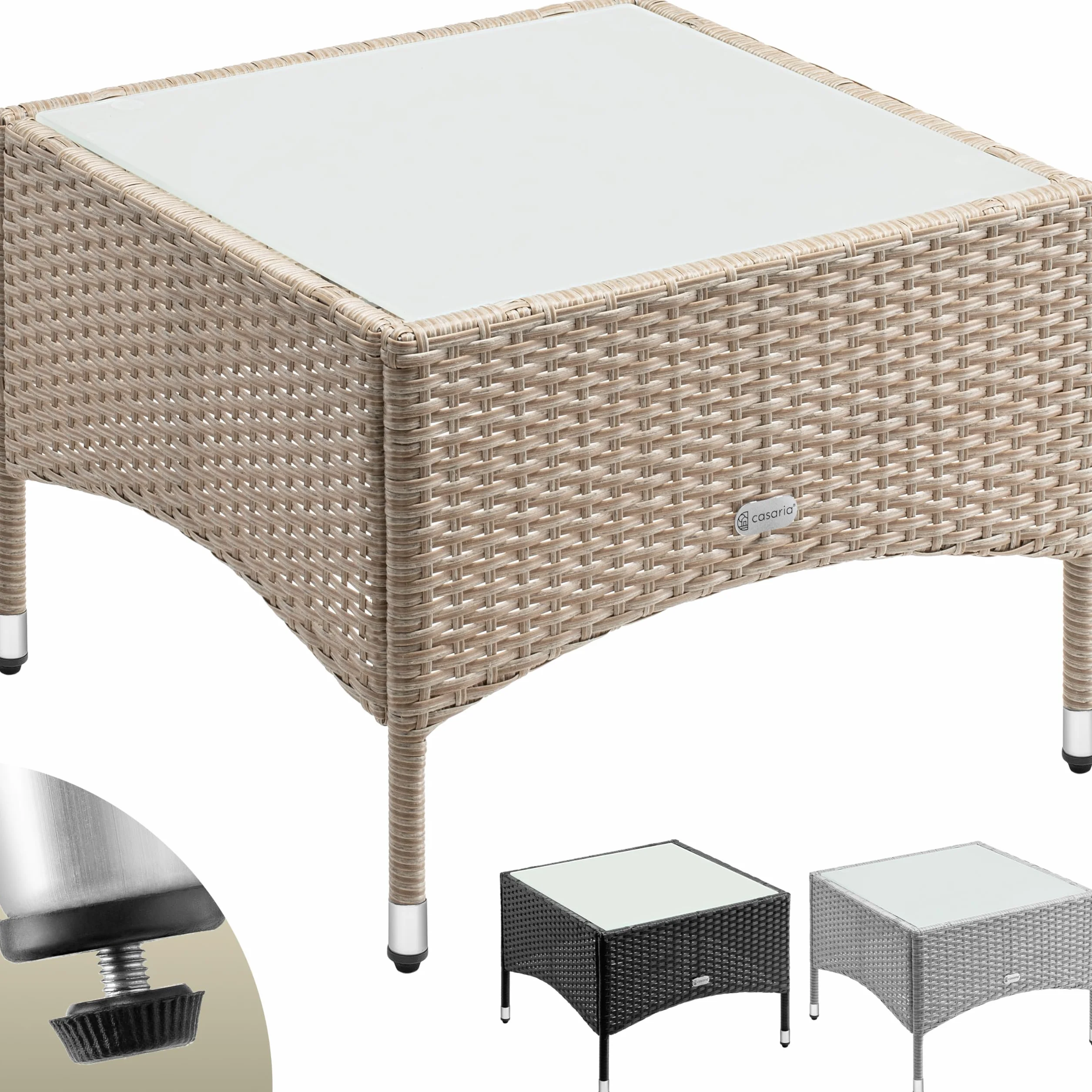 Casaria Table d'appoint en polyrotin crème 58x58x42cm Table Basse de Jardin carrée avec Plaque en Verre