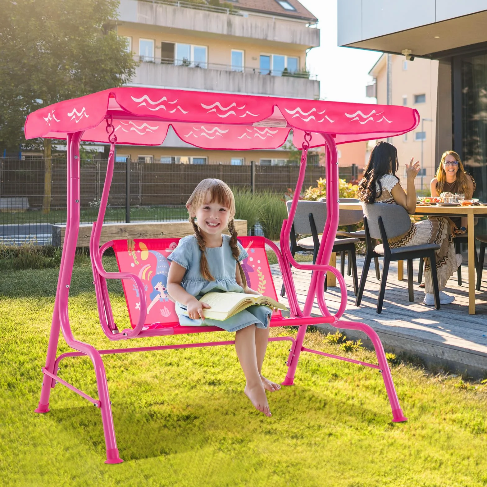 GOPLUS Balancelle de Jardin 2 Places avec Auvent Réglable Ceintures de Sécurité 80 KG Sirène Rose