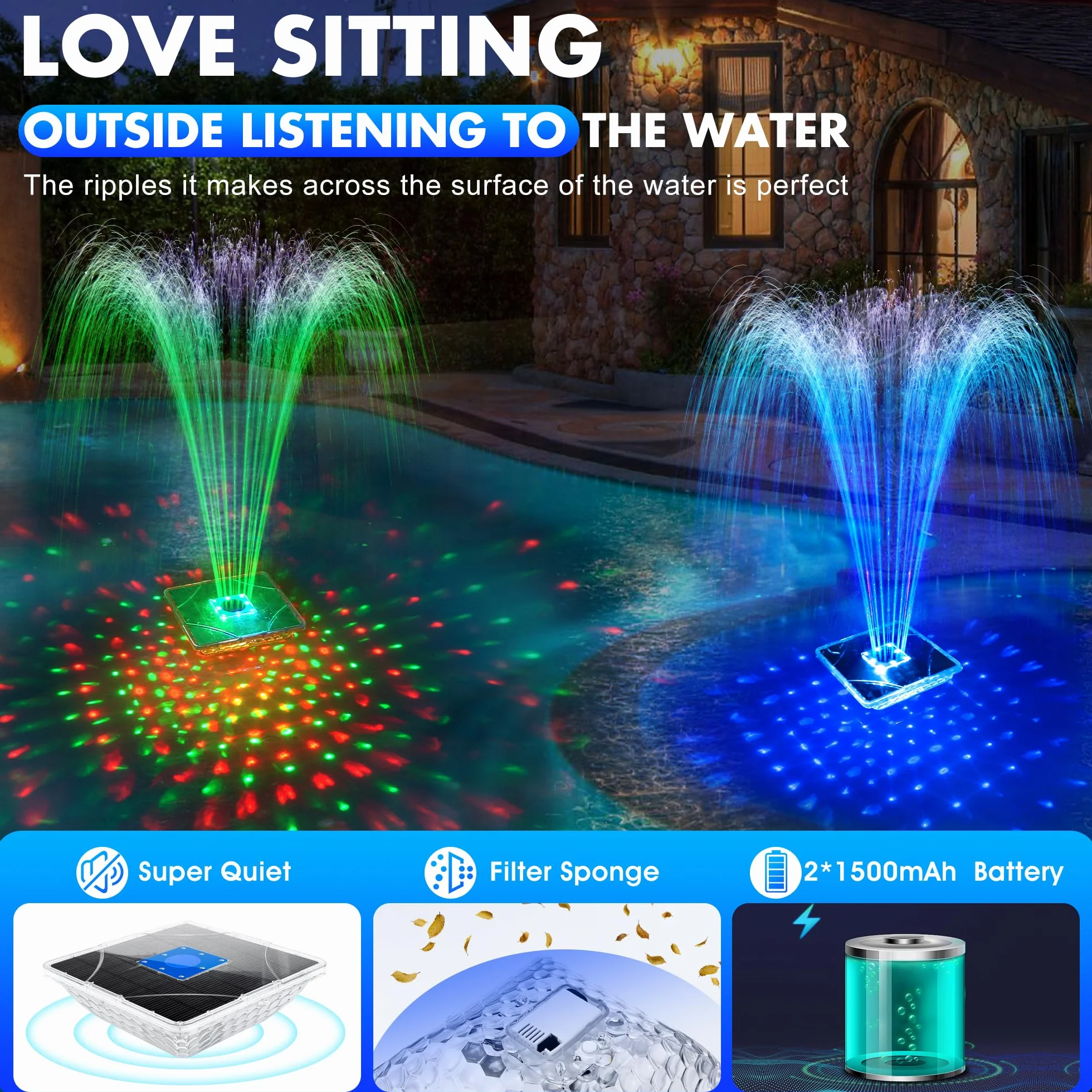 Fontaine Solaire Flottante avec Lumière 2 Modes Hauteur 110cm pour Piscine Bassin
