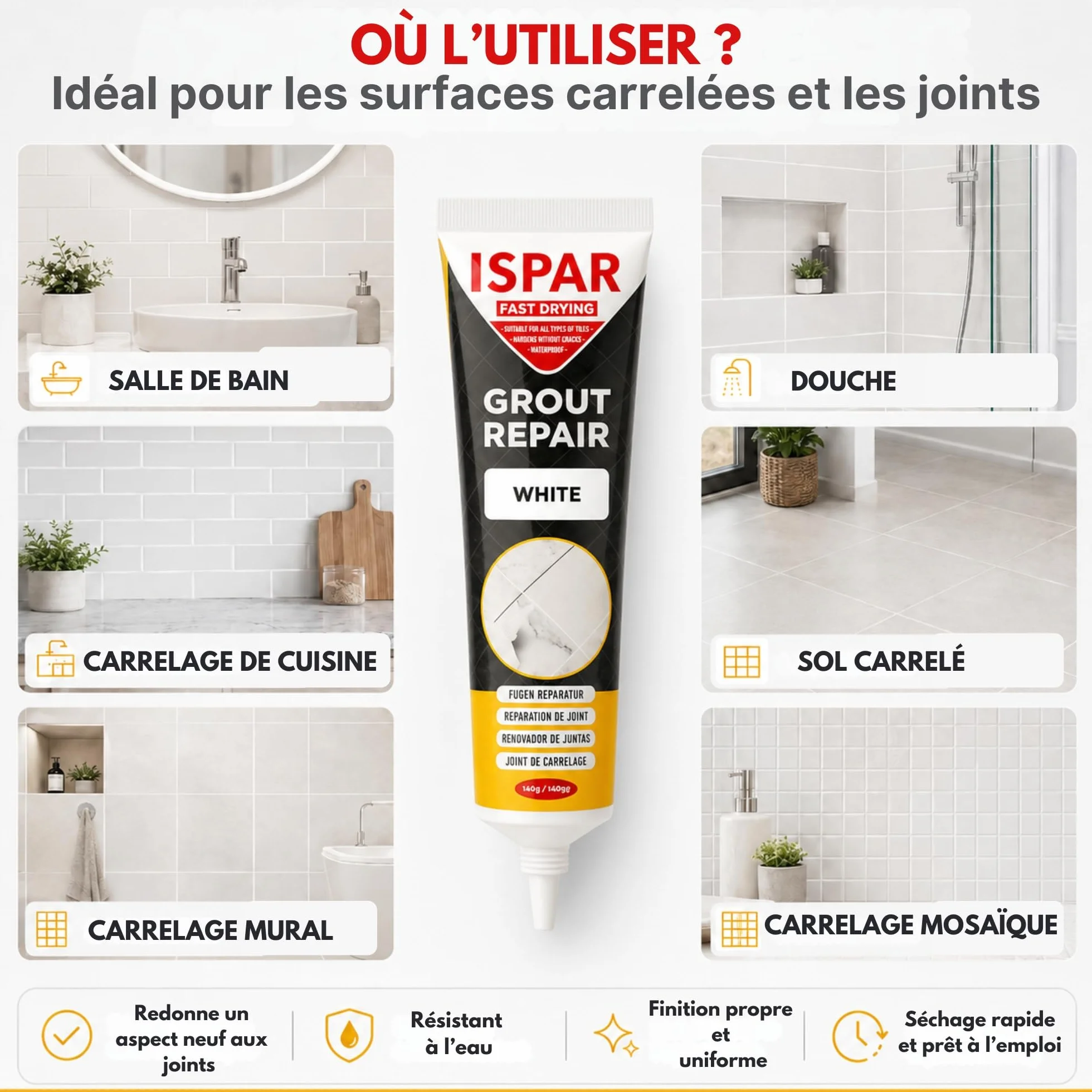 ISPAR Kit de Réparation de Joint de Carrelage Crème (400g) - Mortier Coulis Couleur Crème, Joint Salle de Bain et Cuisine - Avec Spatule et Éponge