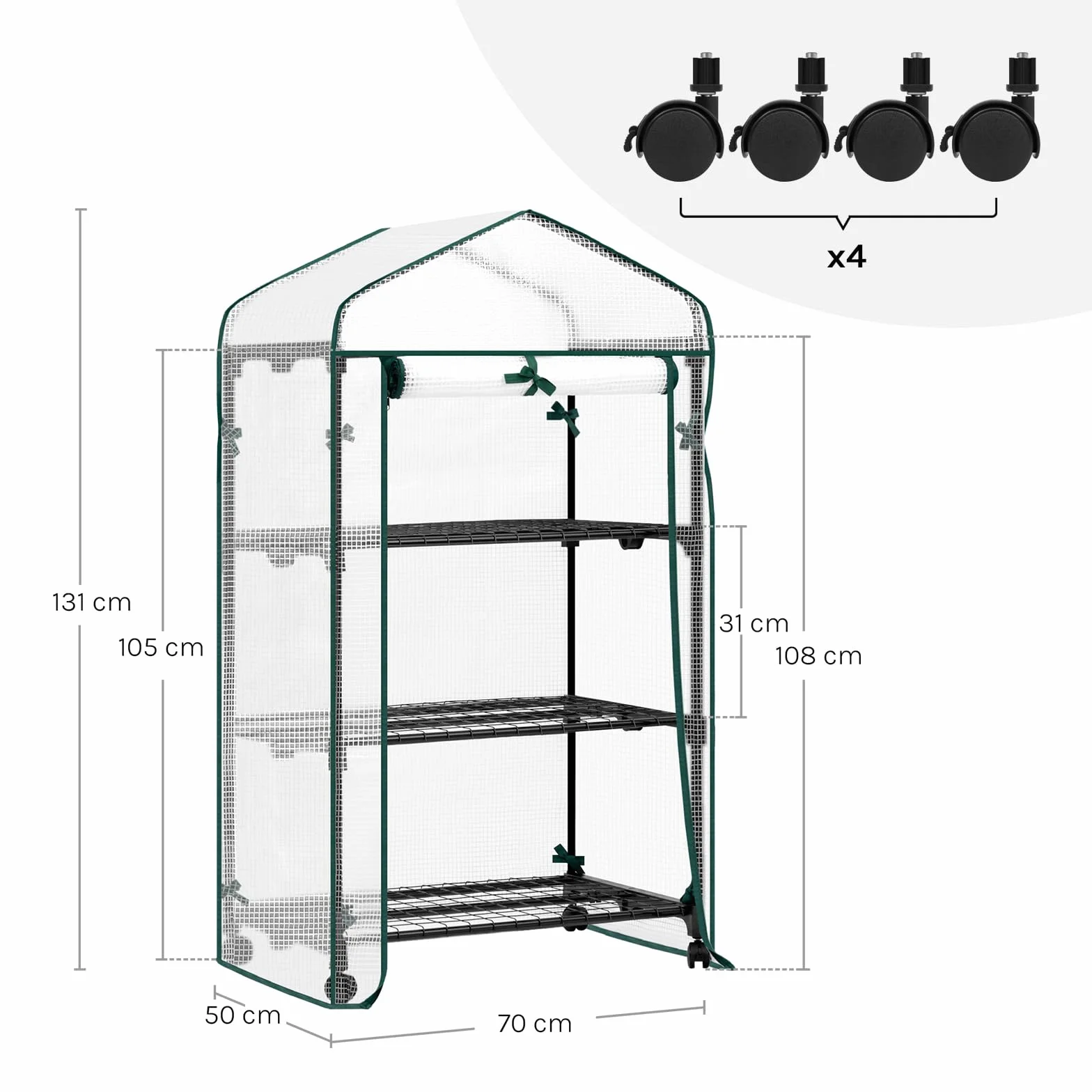 WOLTU Serre de Jardin avec roulettes 70x50x131cm Blanc PE 130g/m²