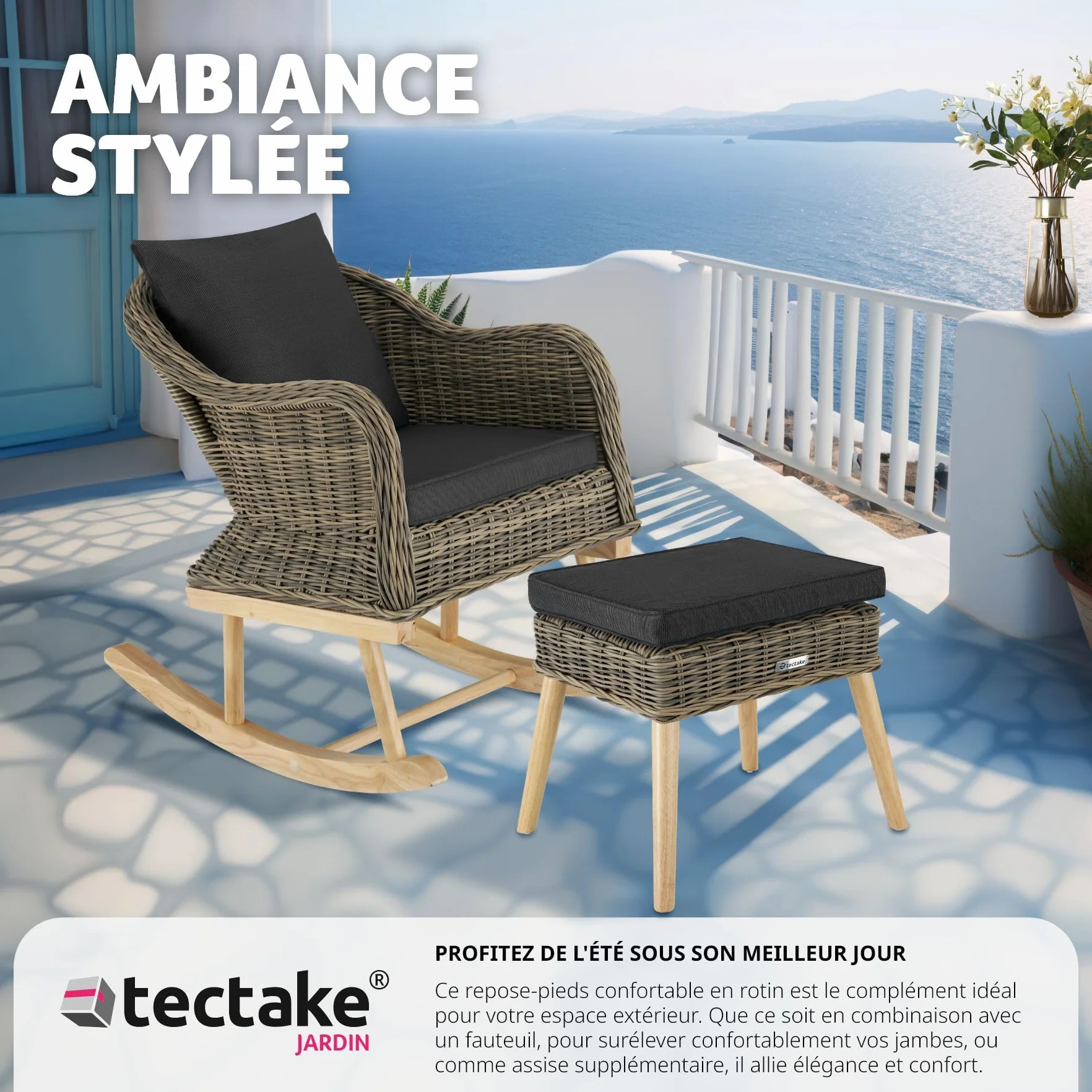 Tabouret Repose Pied Pouf Salon Extérieur Rotin Bois Coussin Imperméable Lavable Balcon Terrasse