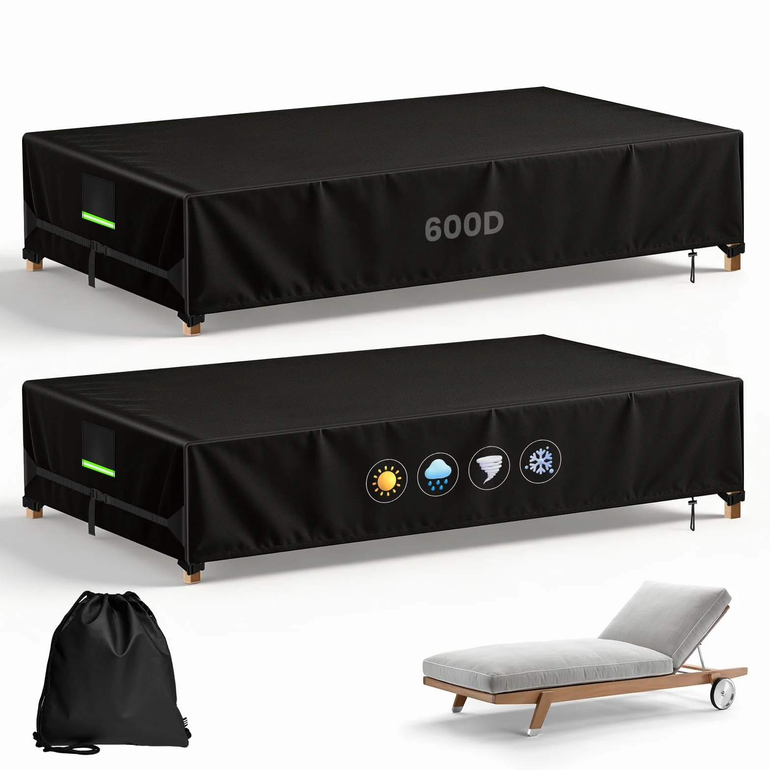 Housse Transat 210x75x40cm 600D PVC Imperméable Extérieur avec Boucles Fixation Aération Réfléchissante Lot de 2